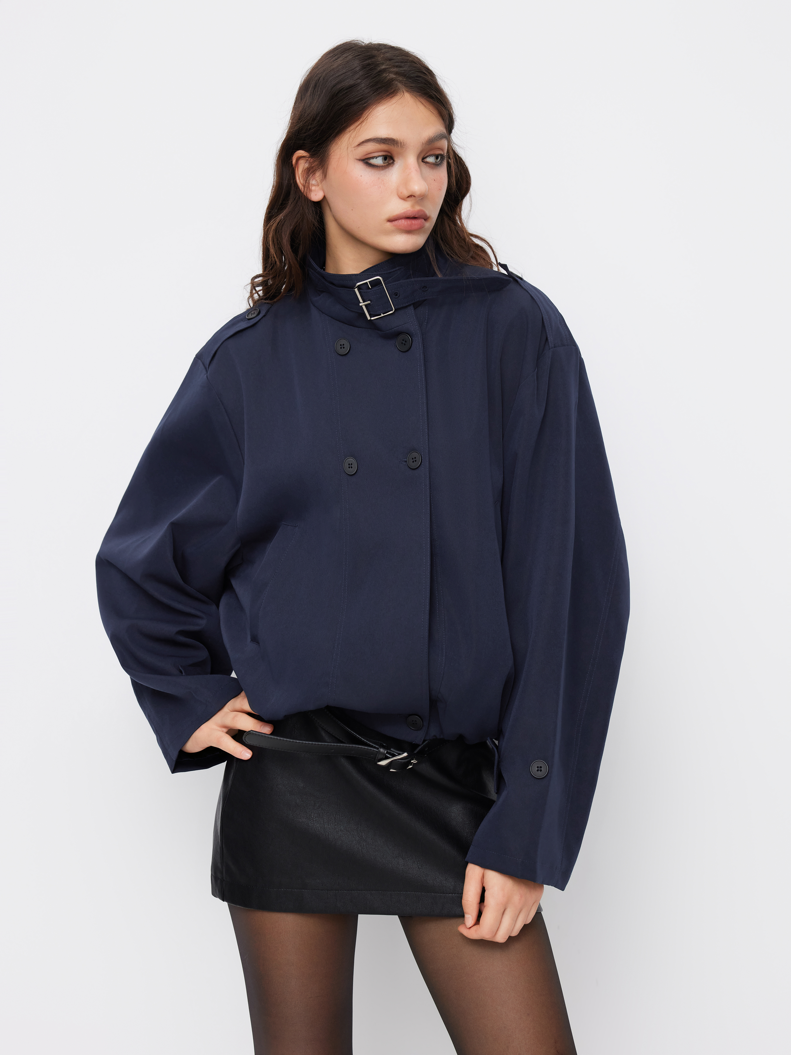 High Neck Double Breasted Belted Oversized Coat