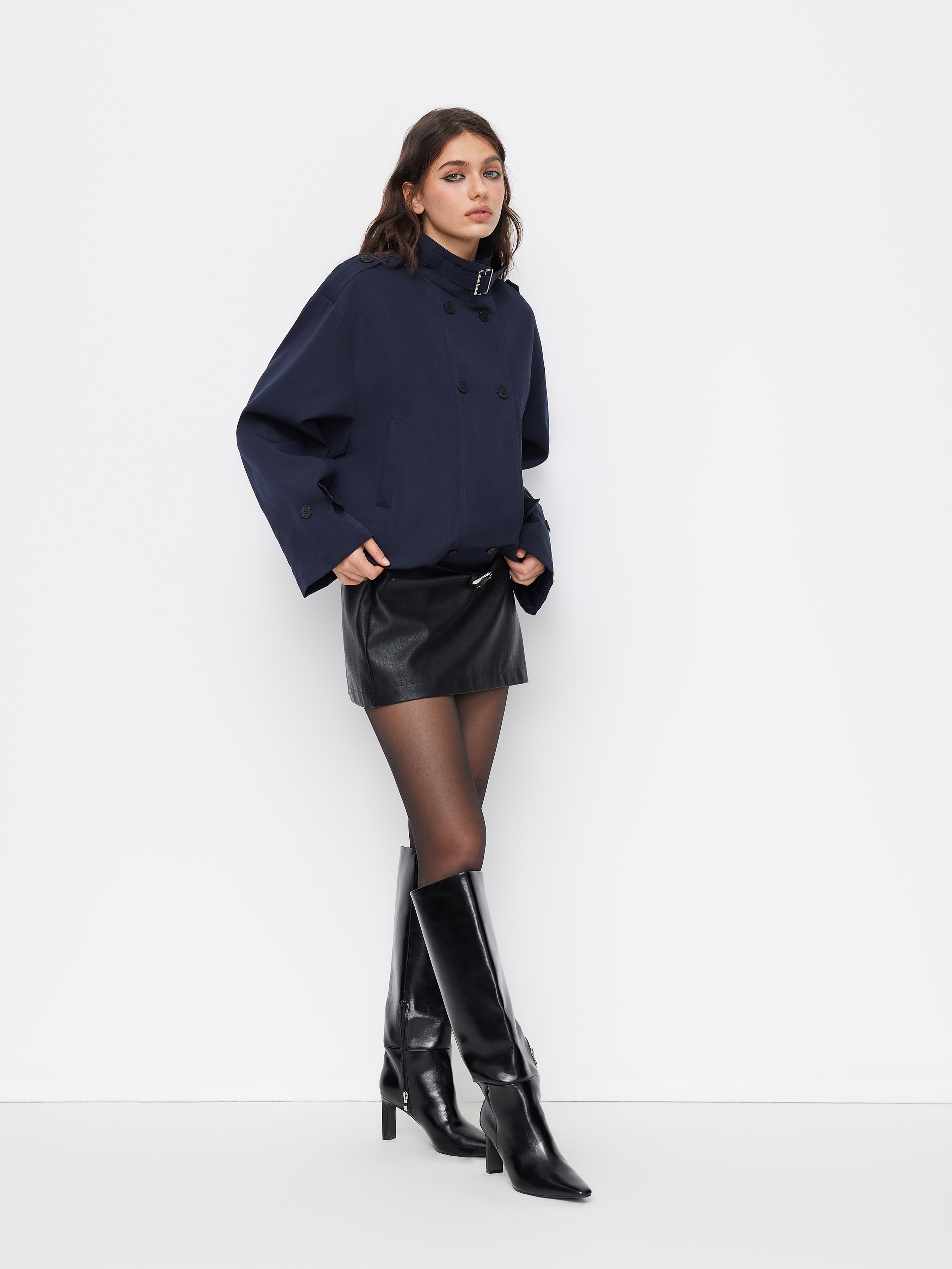 High Neck Double Breasted Belted Oversized Coat