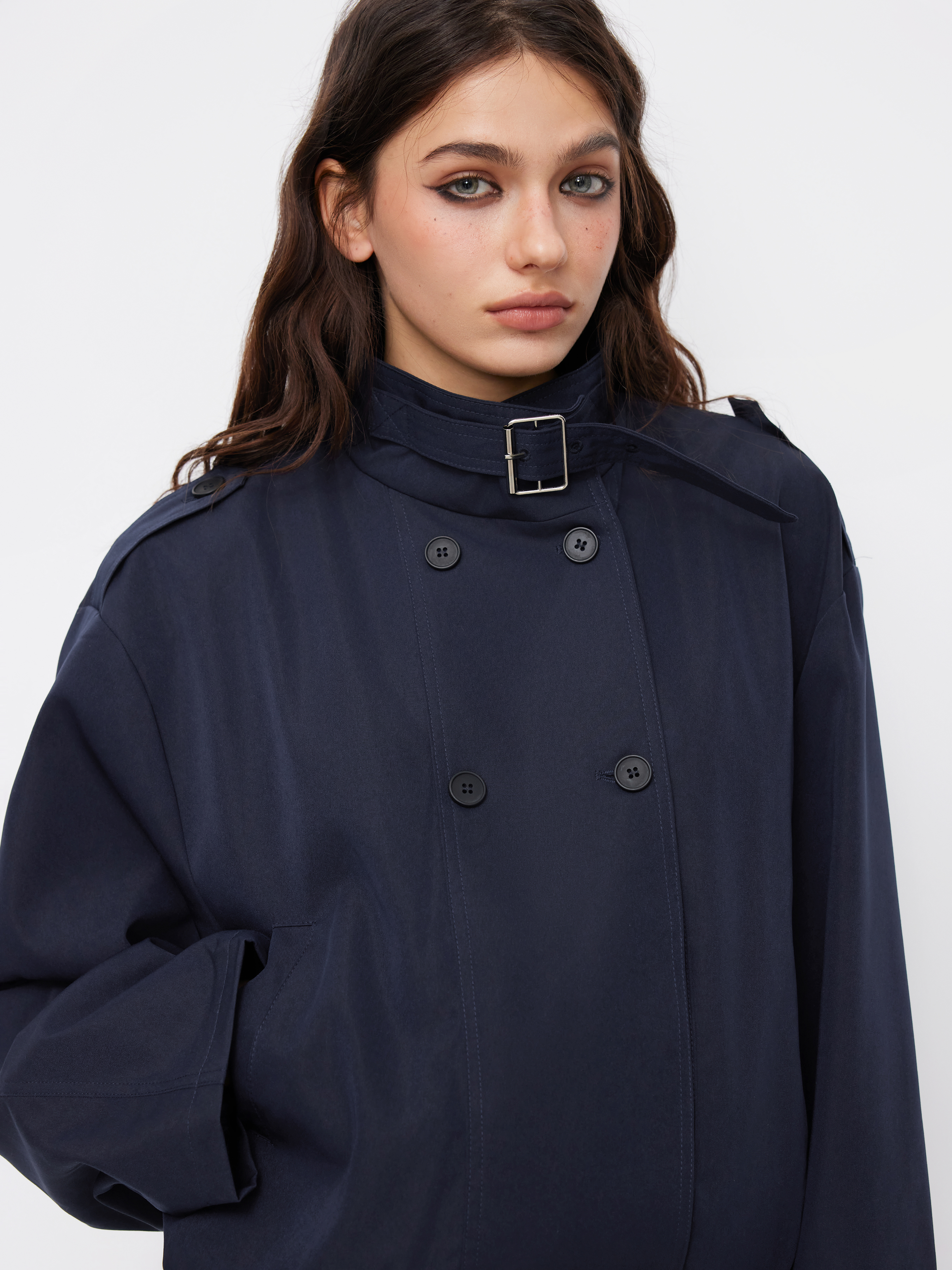 High Neck Double Breasted Belted Oversized Coat