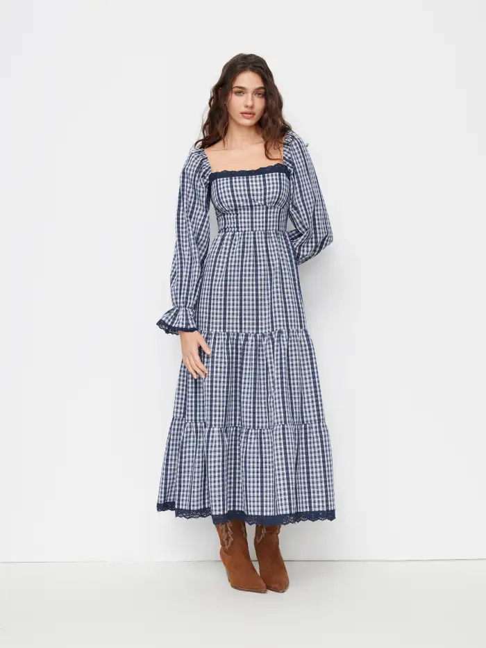 Mesh Mesh Boat Neck Rose Plaid Ruffle Hem Top For Daily Casual