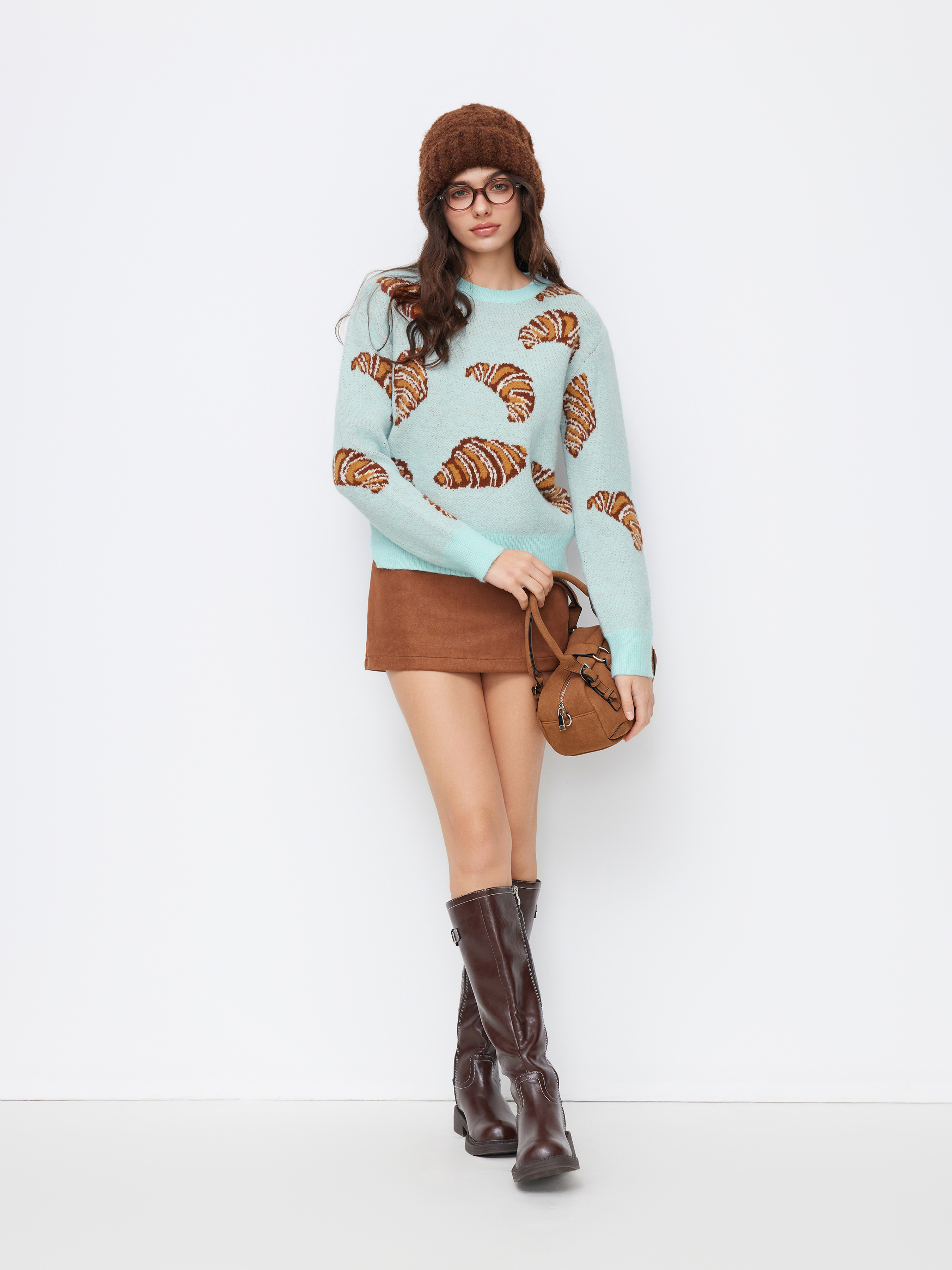 Knit Croissant Pattern Oversized Top