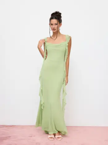 Maxikleid mit Maschenstoff und Spitzenbund