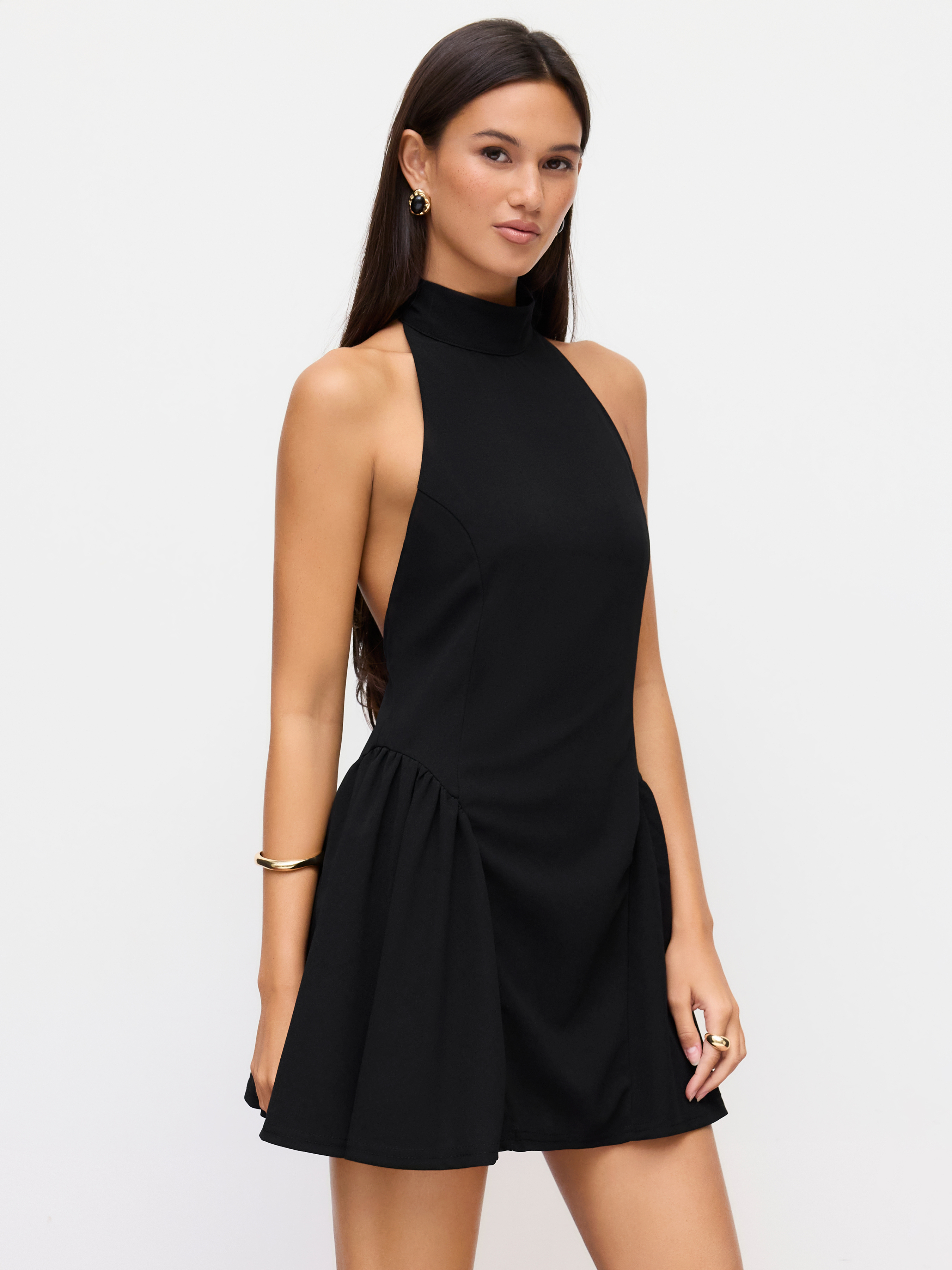 Halter Neckline Knotted Backless Ruffle Mini Dress