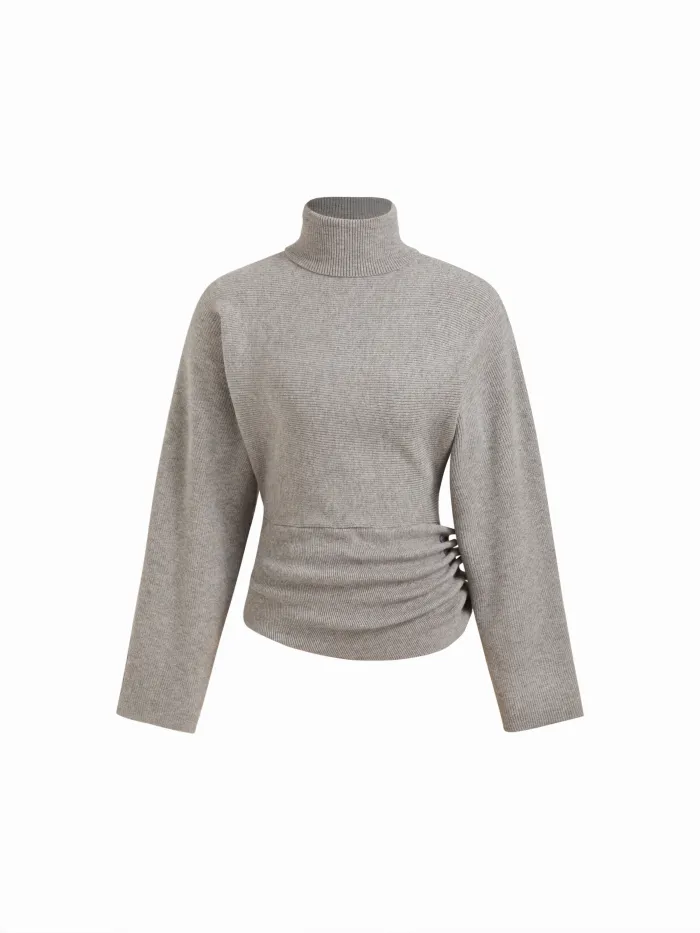 Knit Turtleneck Long Sleeve Button Side Ruched Cinched Waist Top