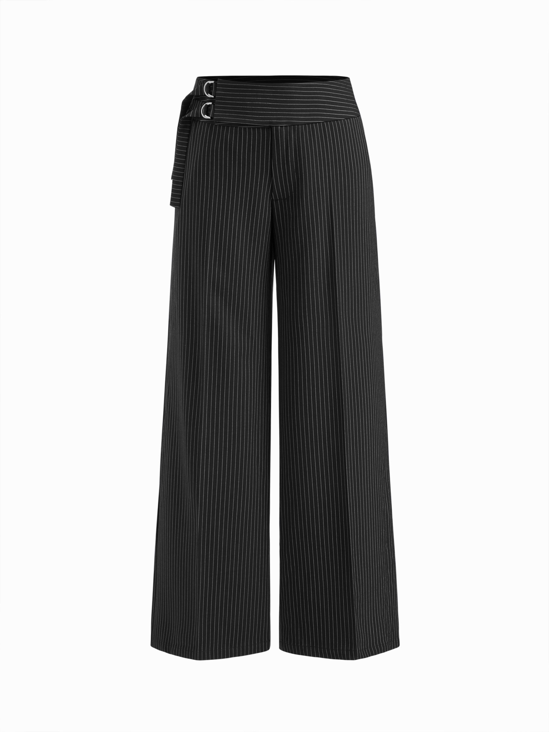Woven Striped Low Rise Buckle Wide Leg Trousers For Daily Casual
