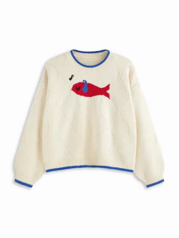 Top oversize curvilinea e taglie forti con grafica di pesci e girocollo in maglia, rifiniture a contrasto