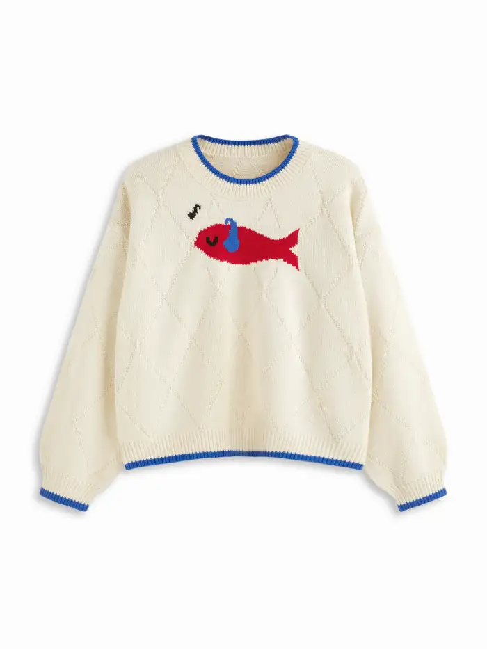 Knit Strawberry Pattern Contrasting Binding Round Neckline Long Sleeve Oversized Top Curve & Plus