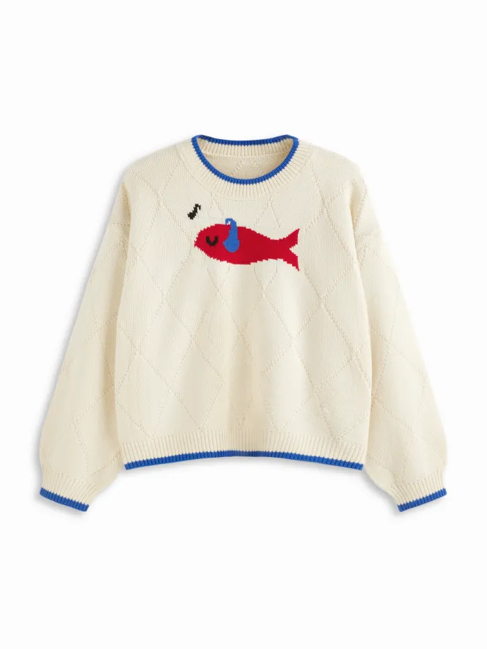 Knit Strawberry Pattern Contrasting Binding Round Neckline Long Sleeve Oversized Top Curve & Plus