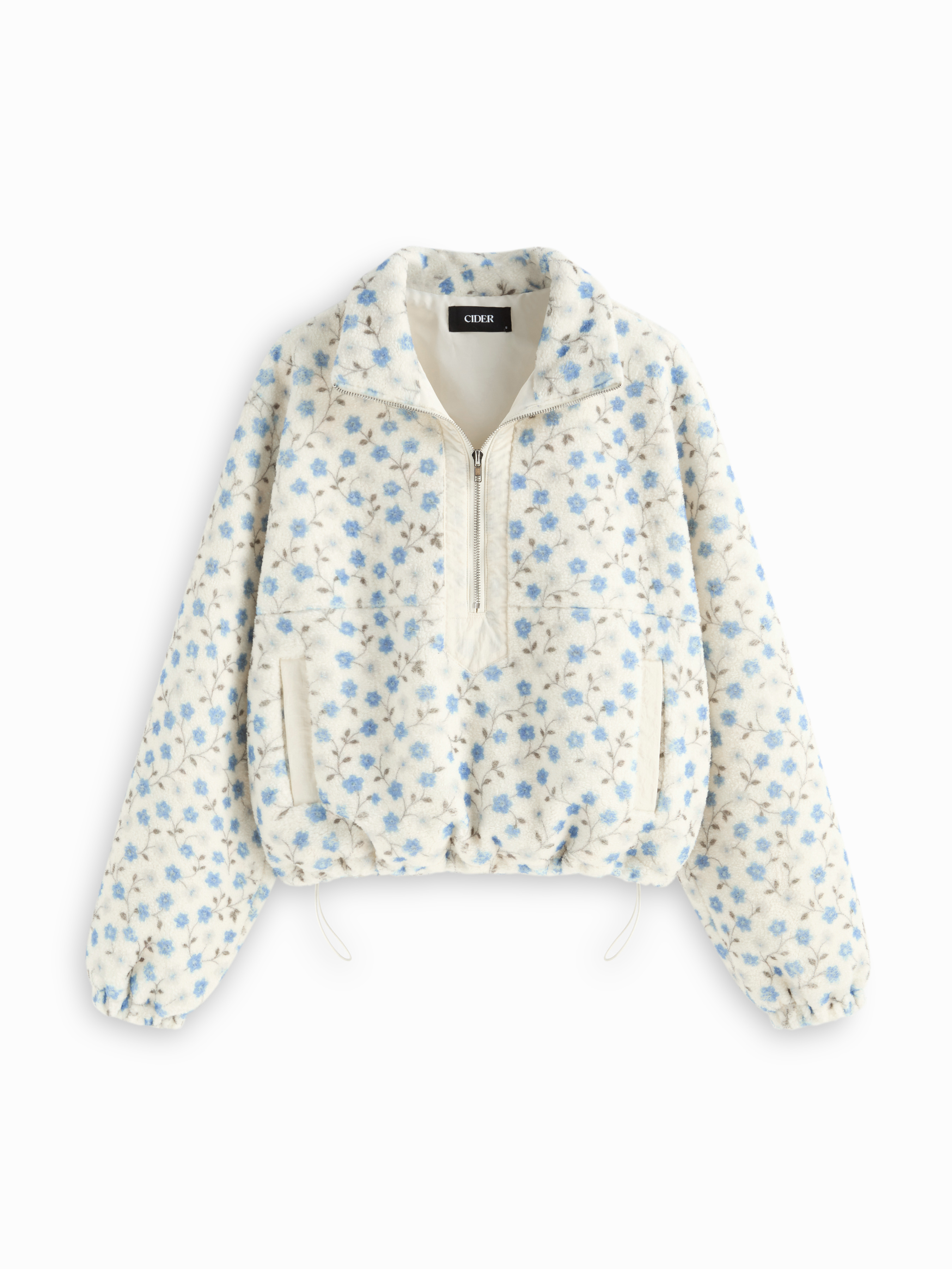 Polaire Fleece Collar Floral Zip Through Drawstring Oversized Sweatshirt For Décontracté quotidien