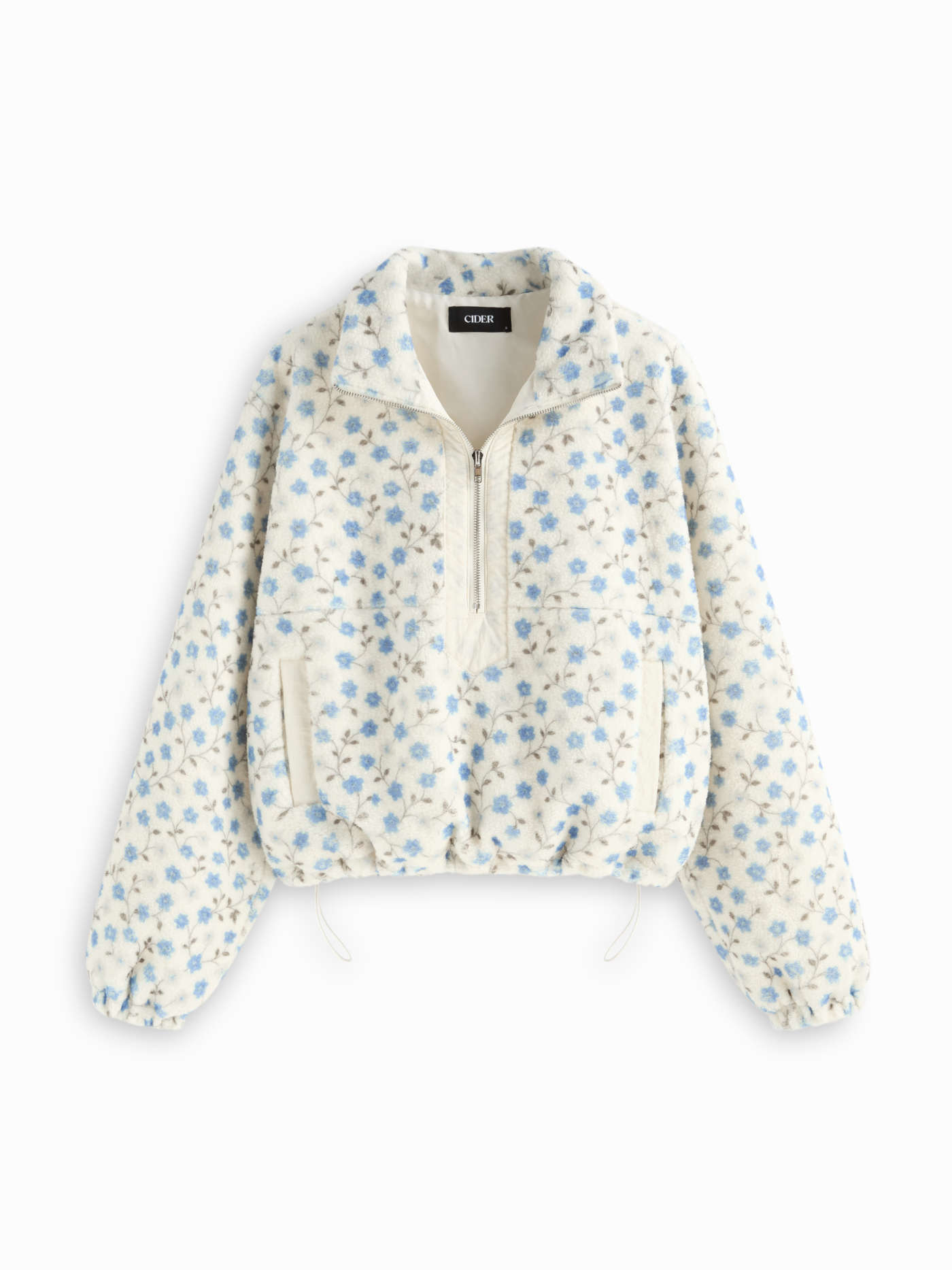 Fleece Collar Floral Zip Through Drawstring Oversized Sweatshirt