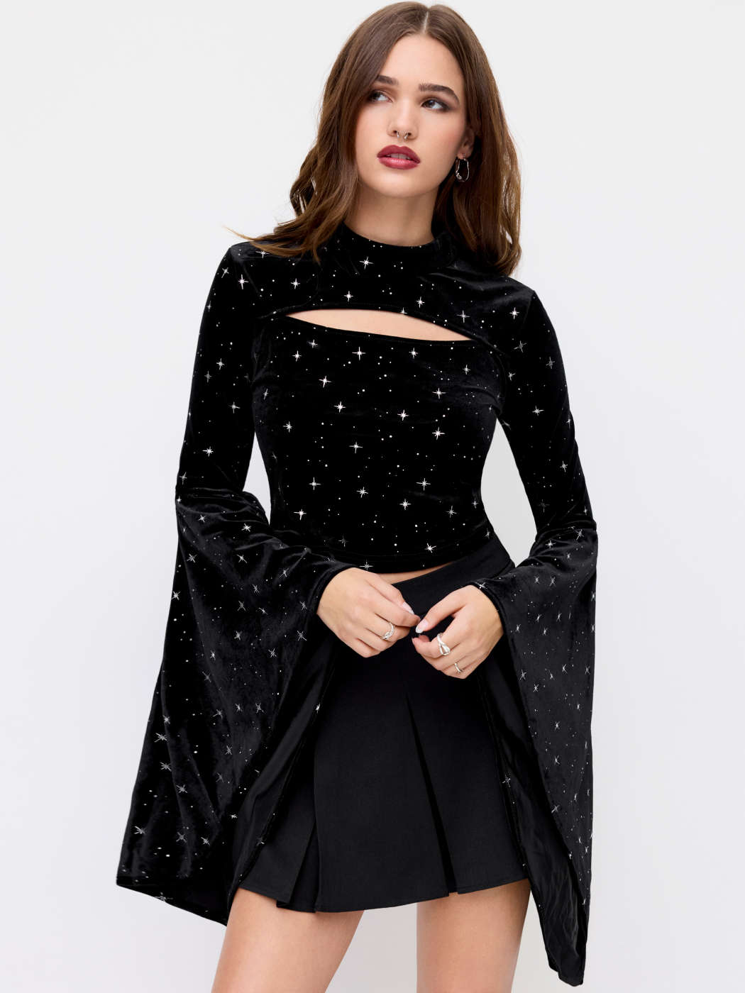 Velvet Velvet Star Pattern Bell Sleeve Crop Top For Date Music