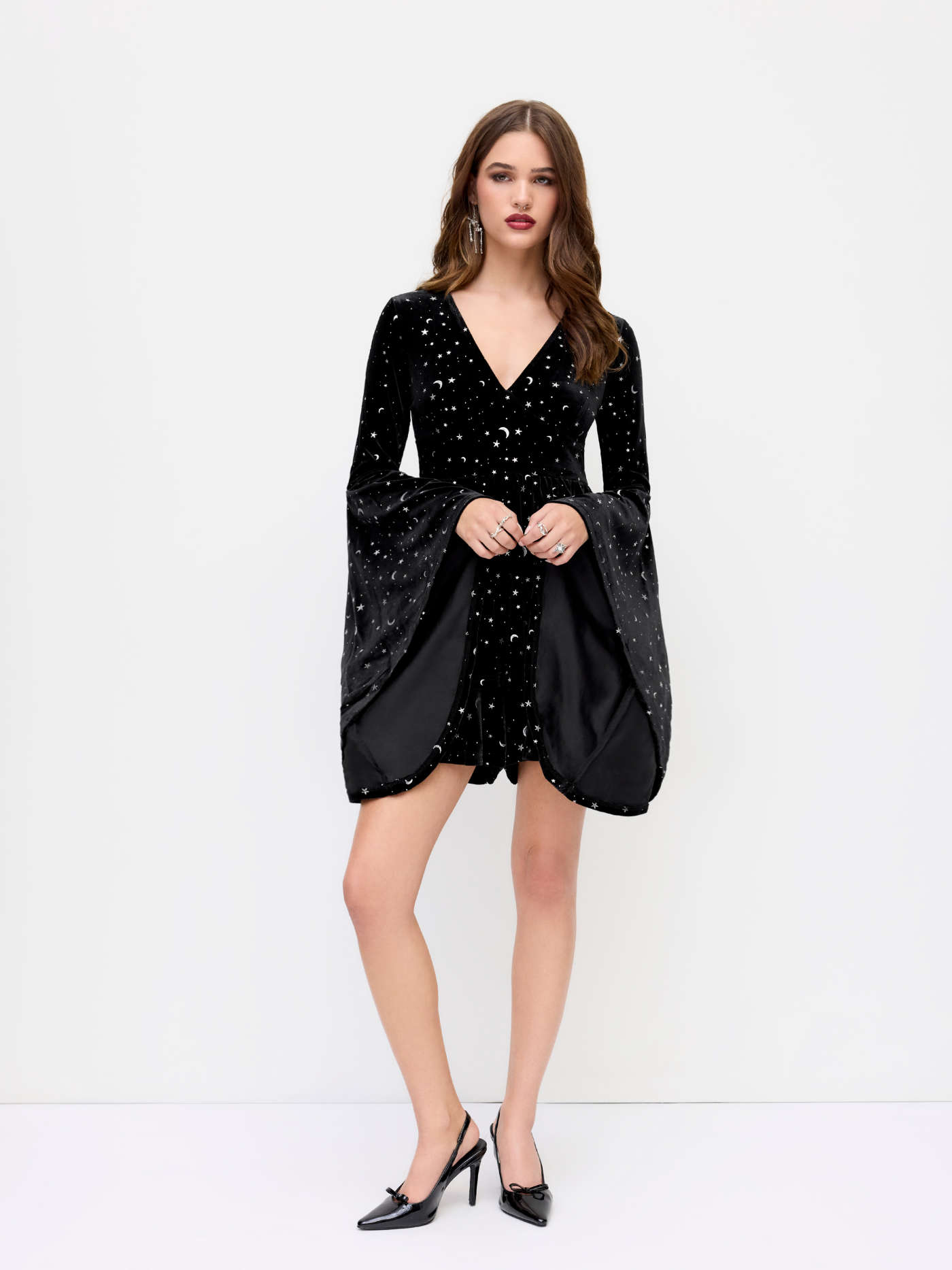 Velvet V-neck Star & Moon Pattern Bell Sleeve Romper