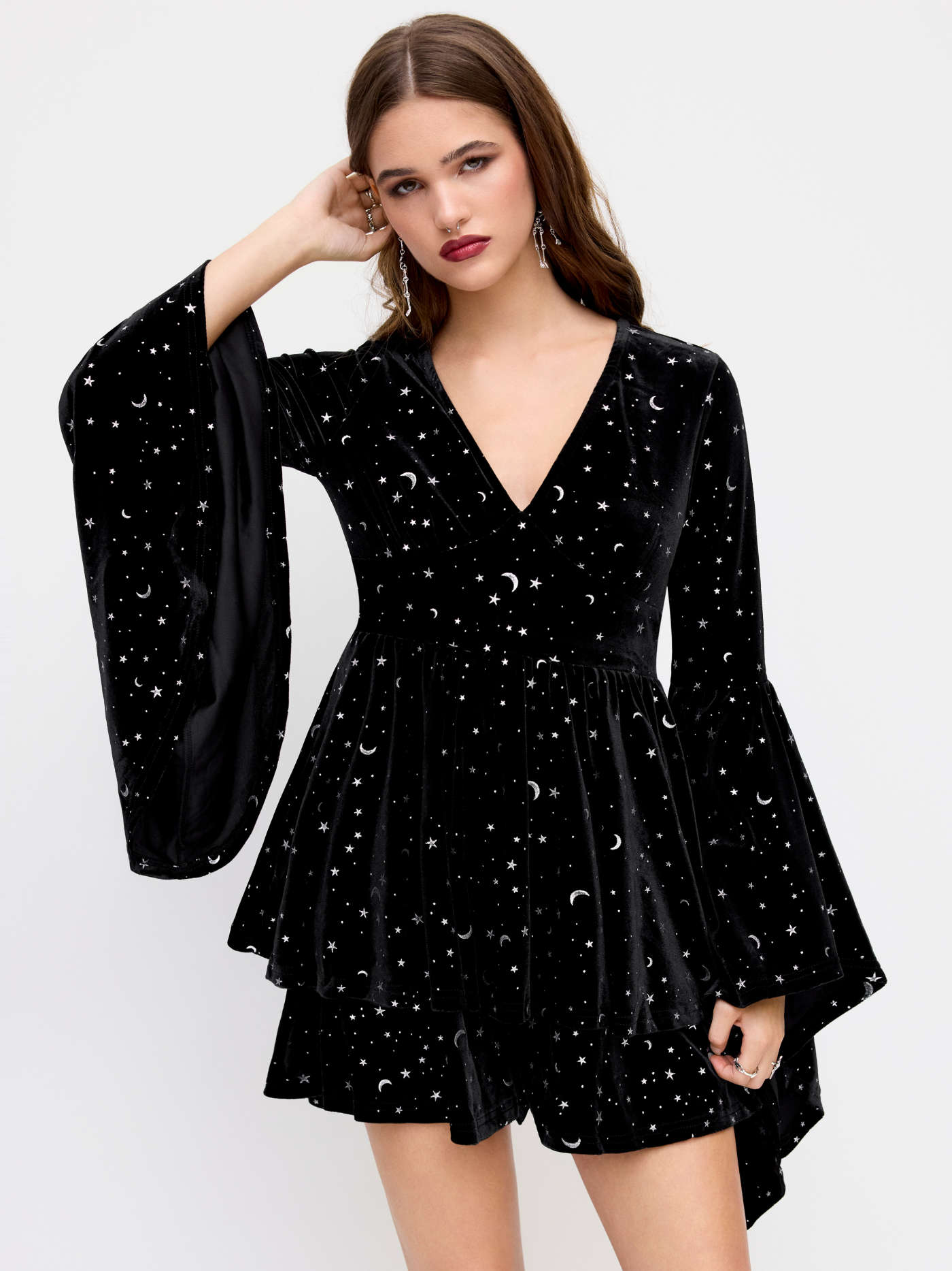 Velvet V-neck Star & Moon Pattern Bell Sleeve Romper