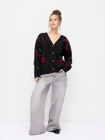 Knit Fabric Knit V-neck Skeleton Cherry Pattern Oversized Cardigan
