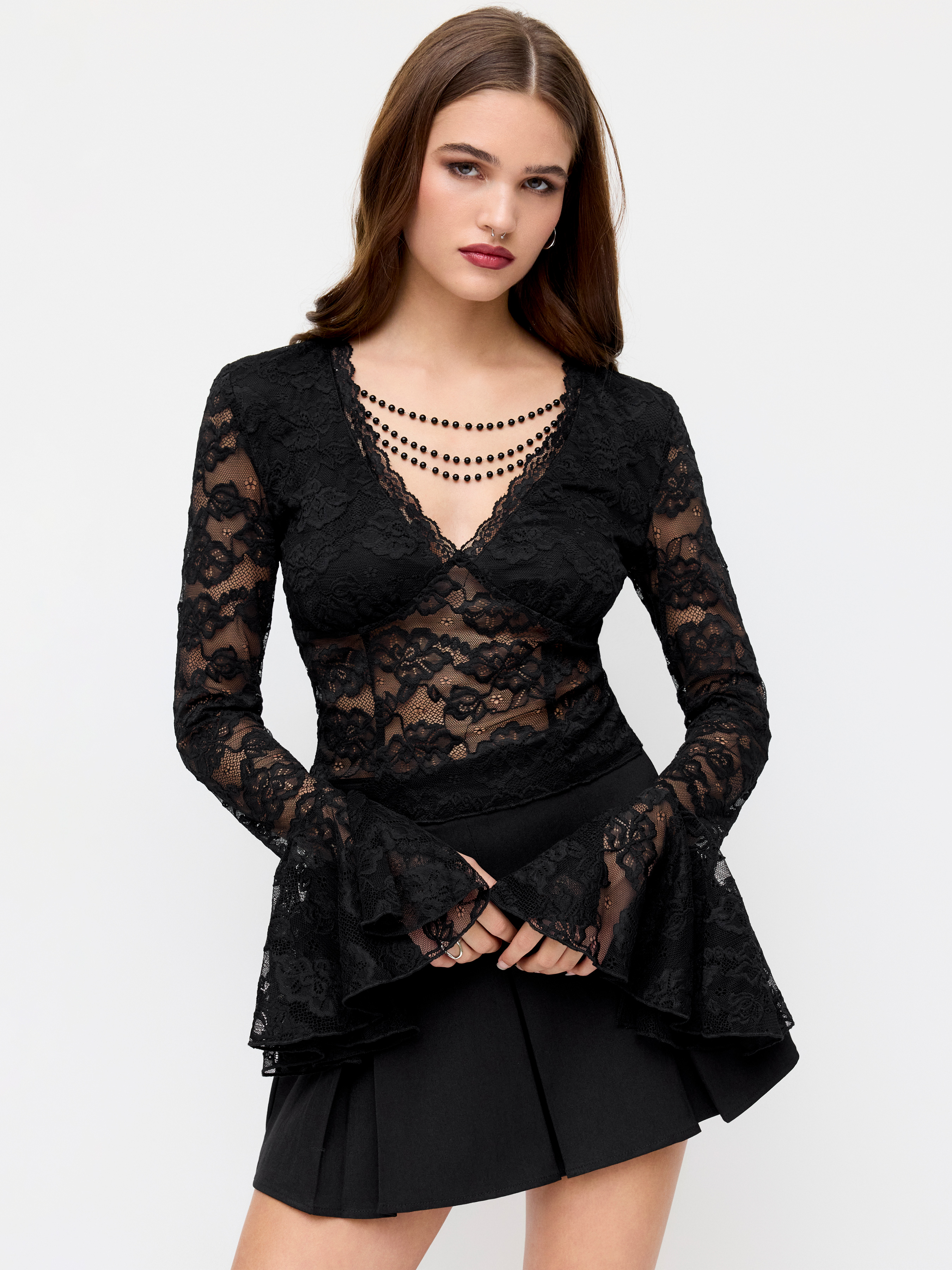 レース レース花柄シースルーボディスーツ For デイリーカジュアル