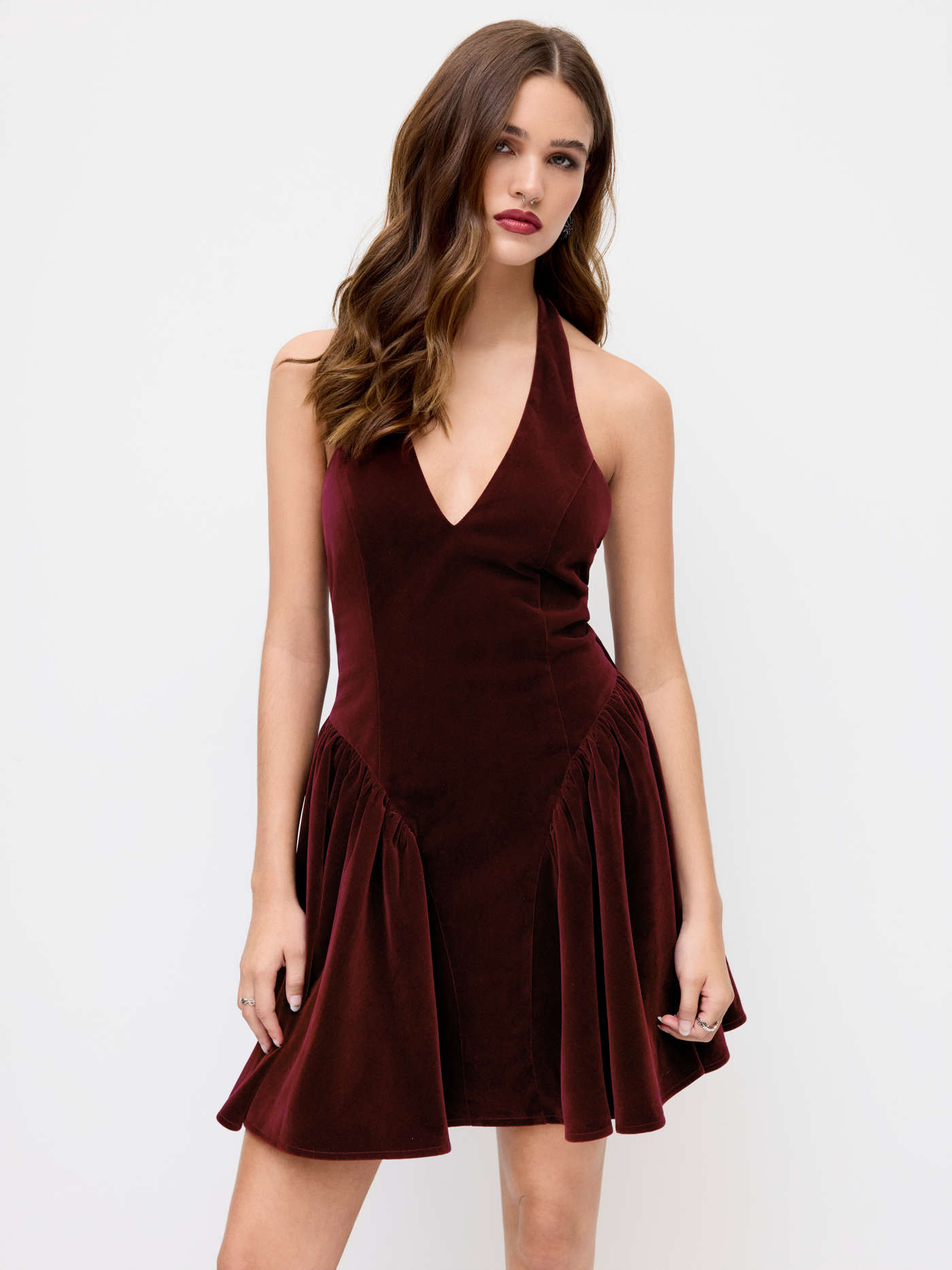 Velvet Halter V-neck Bowknot Backless Ruffle Mini Dress