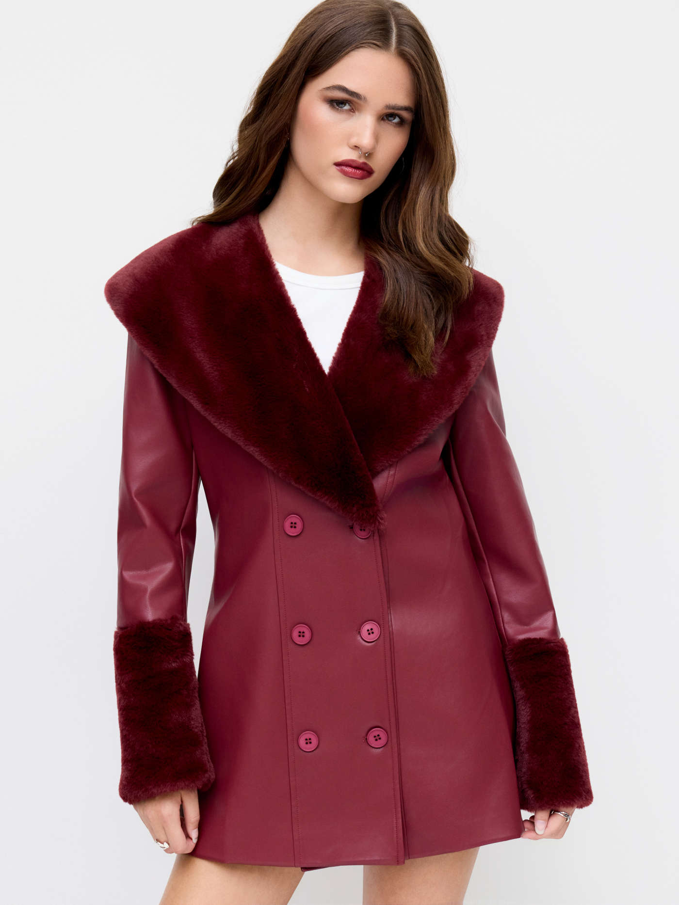 Faux Leather Double Breasted Jacket With Faux Fur Trim