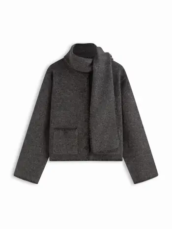 Knit Round Neckline Long Sleeve Contrasting Binding Button Cardigan With Scarf