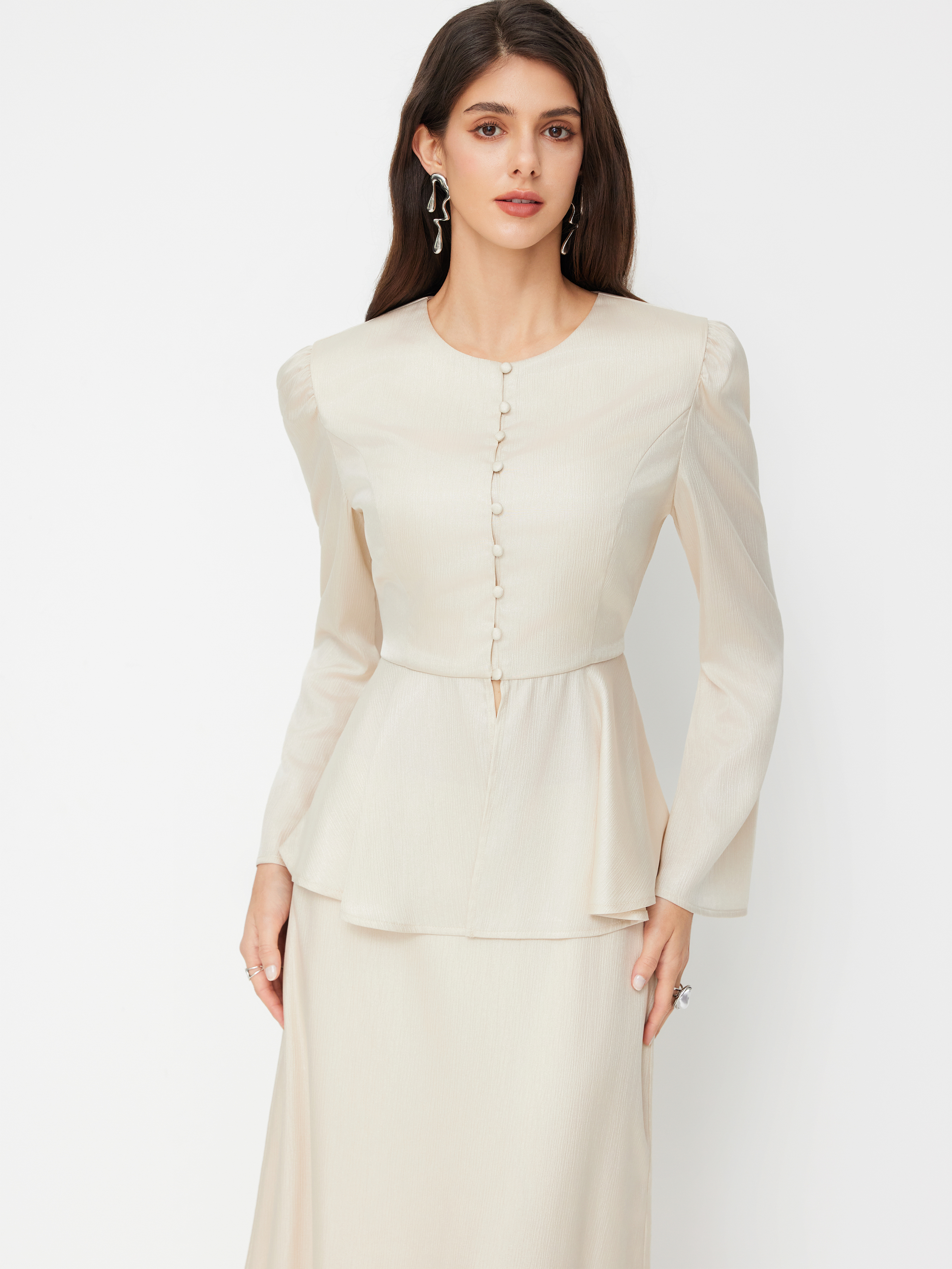 Round Neckline Tie Back Peplum Top & Mid Rise Maxi Skirt Set