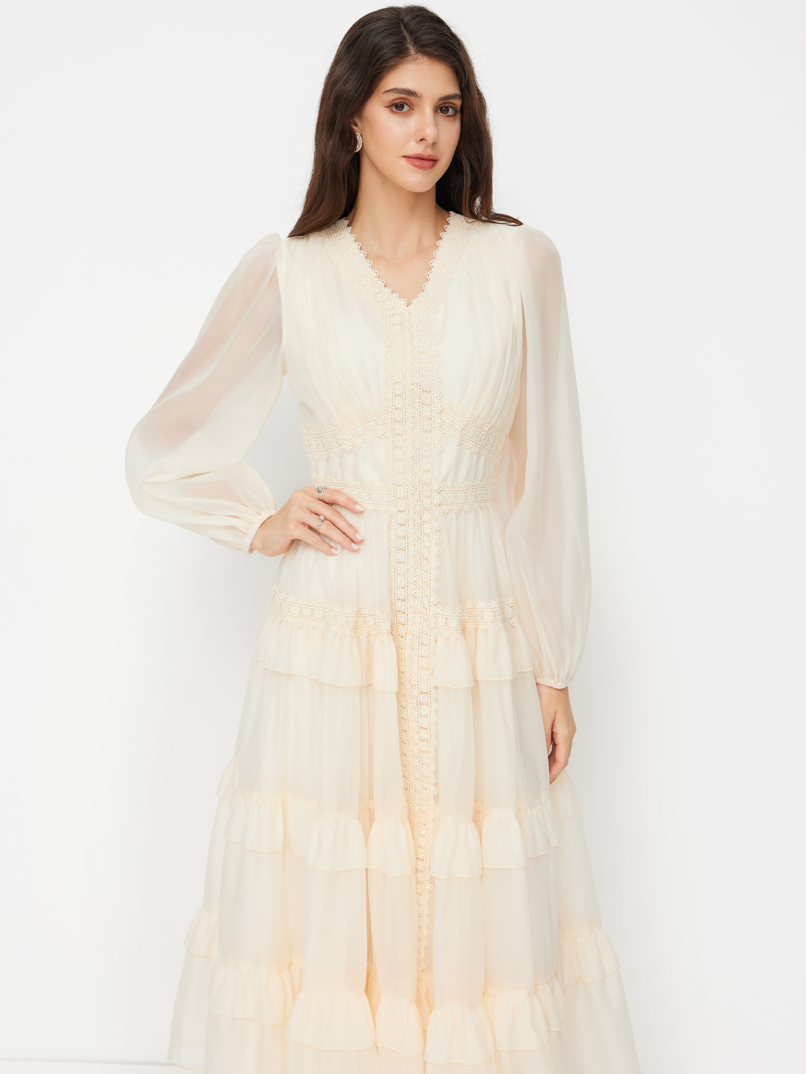V-neck Lace Trim Tiered Ruffle Maxi Dress
