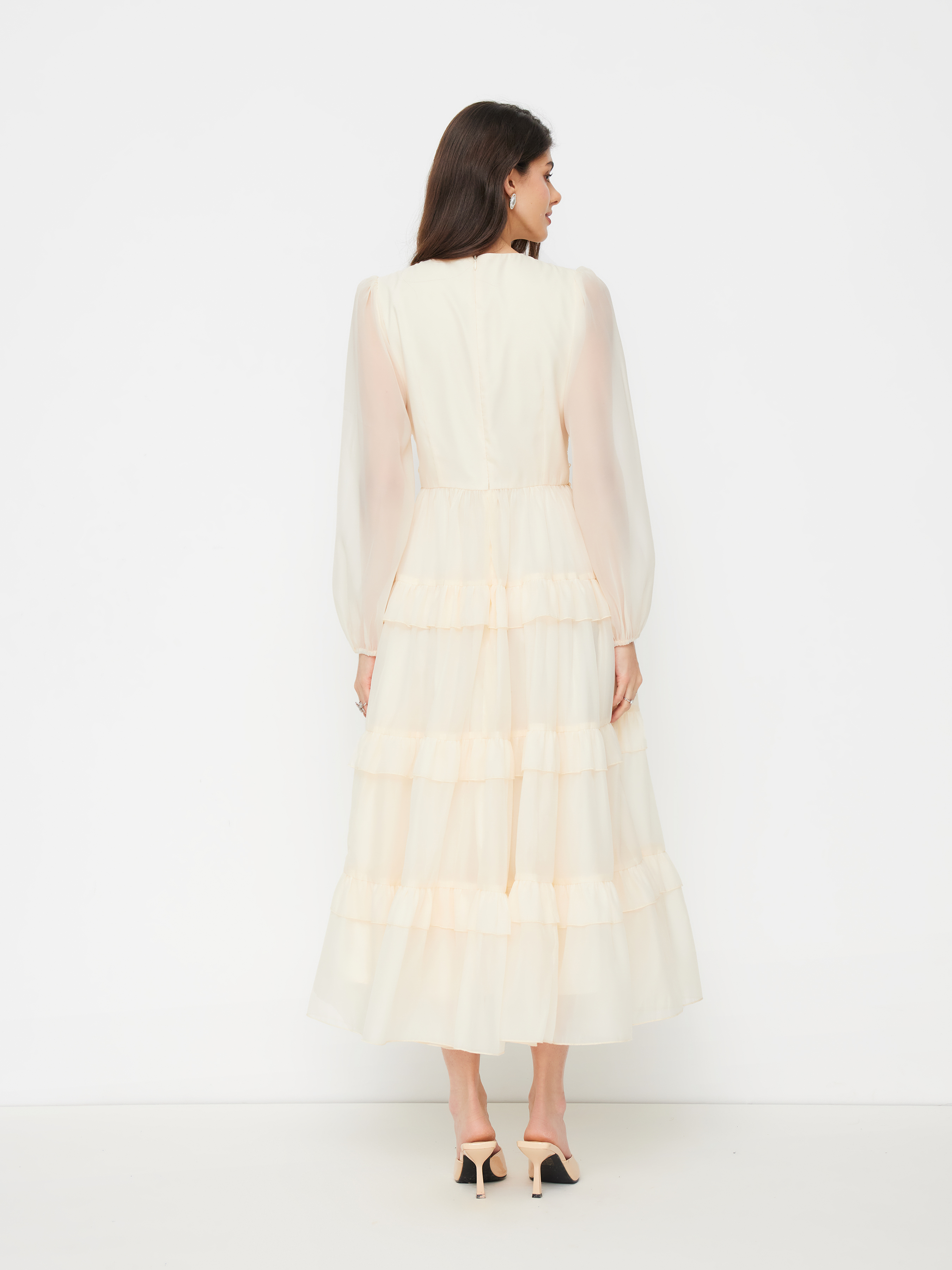V-neck Lace Trim Tiered Ruffle Maxi Dress