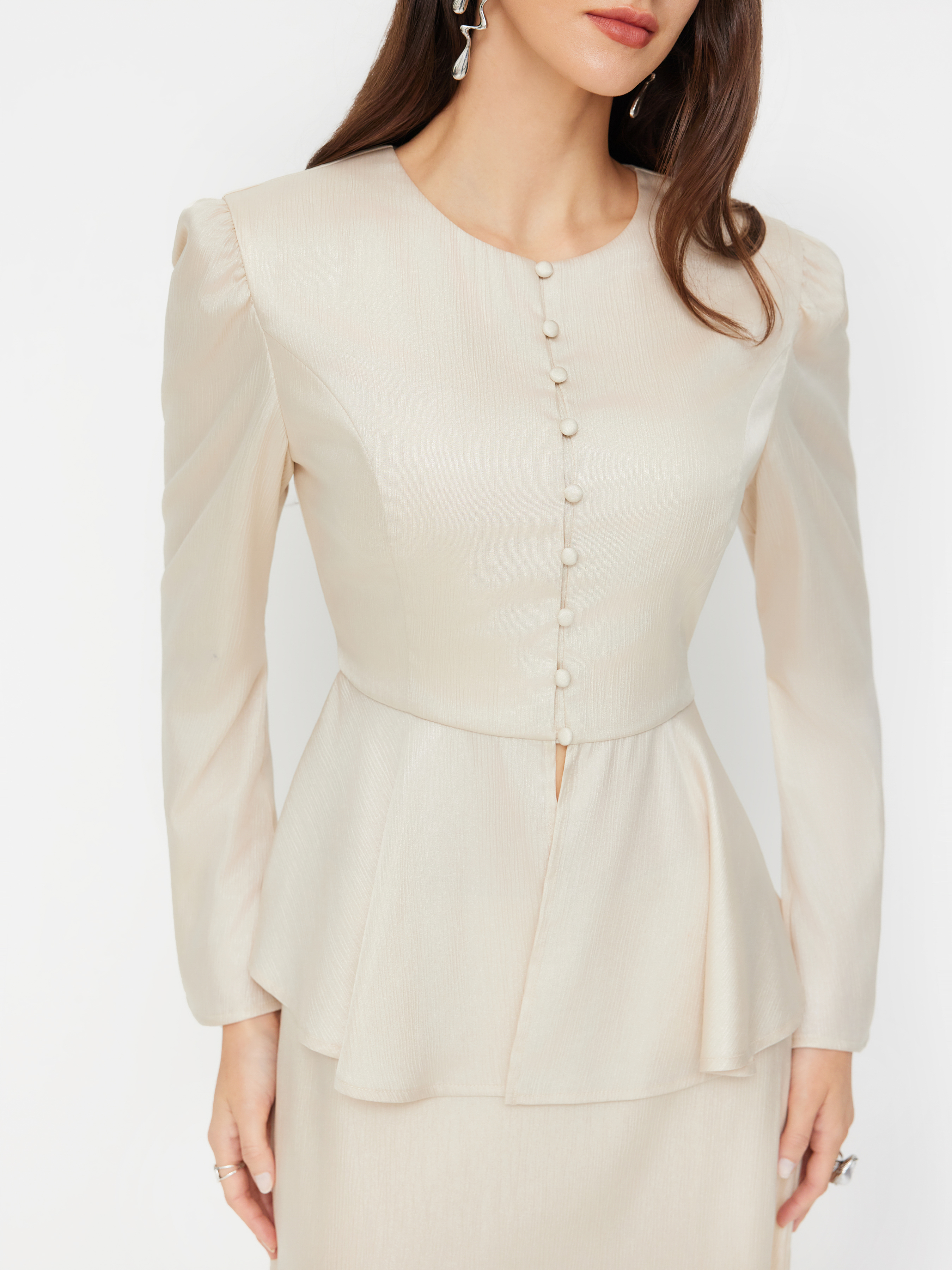 Round Neckline Tie Back Peplum Top & Mid Rise Maxi Skirt Set