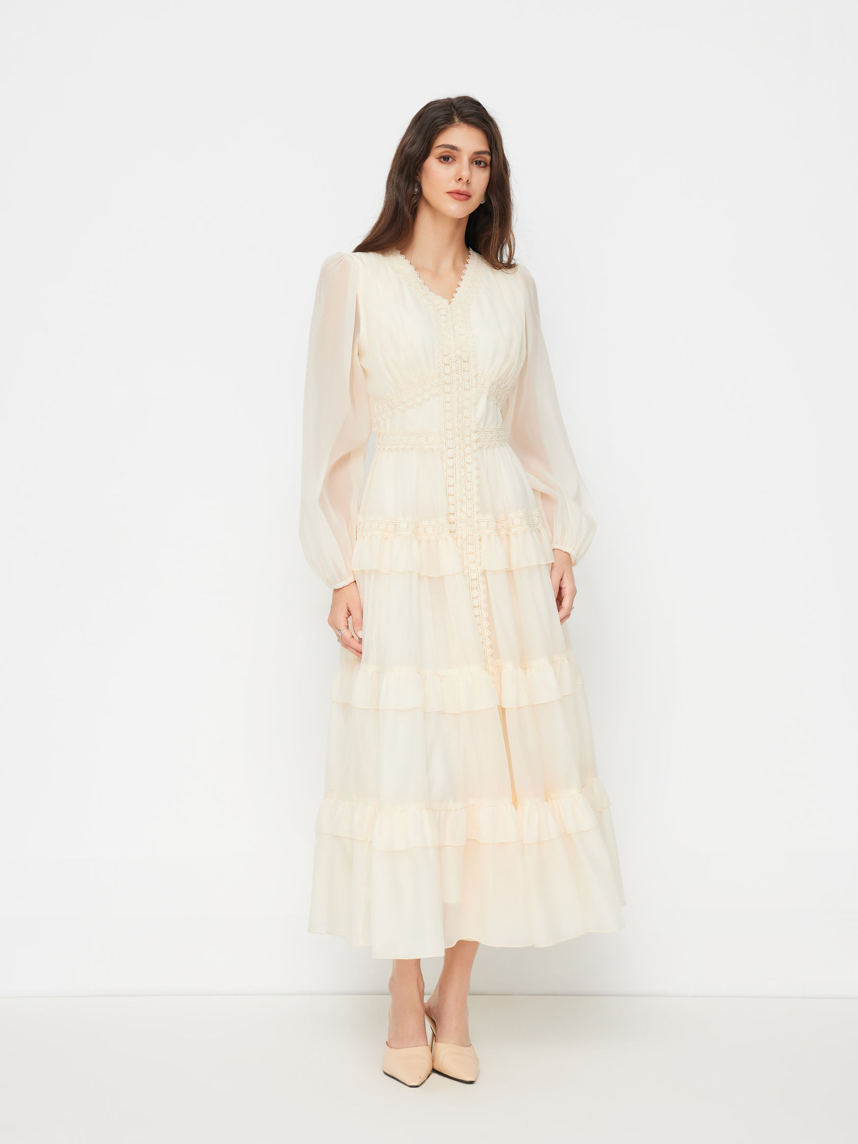 V-neck Lace Trim Tiered Ruffle Maxi Dress