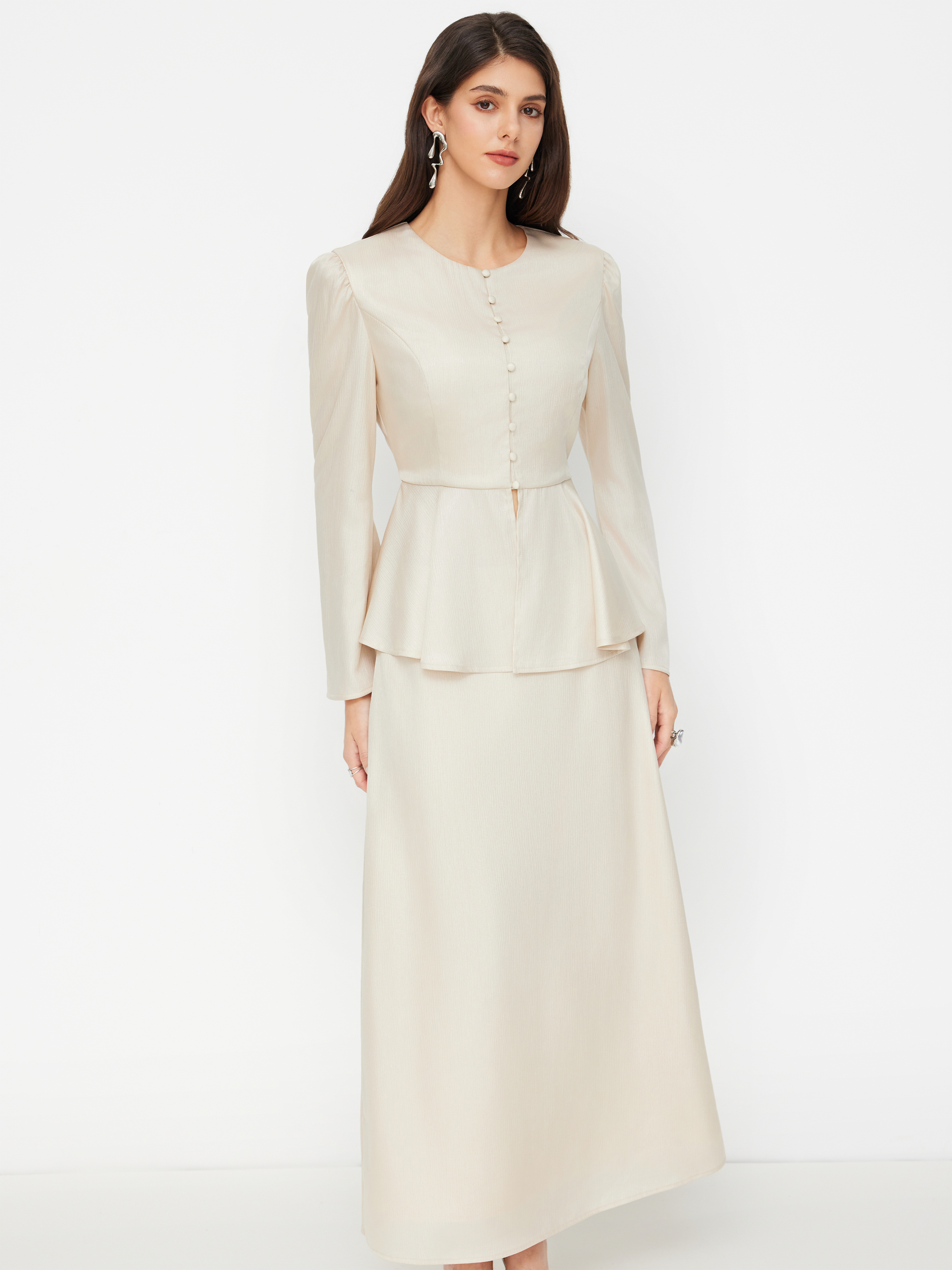 Round Neckline Tie Back Peplum Top & Mid Rise Maxi Skirt Set