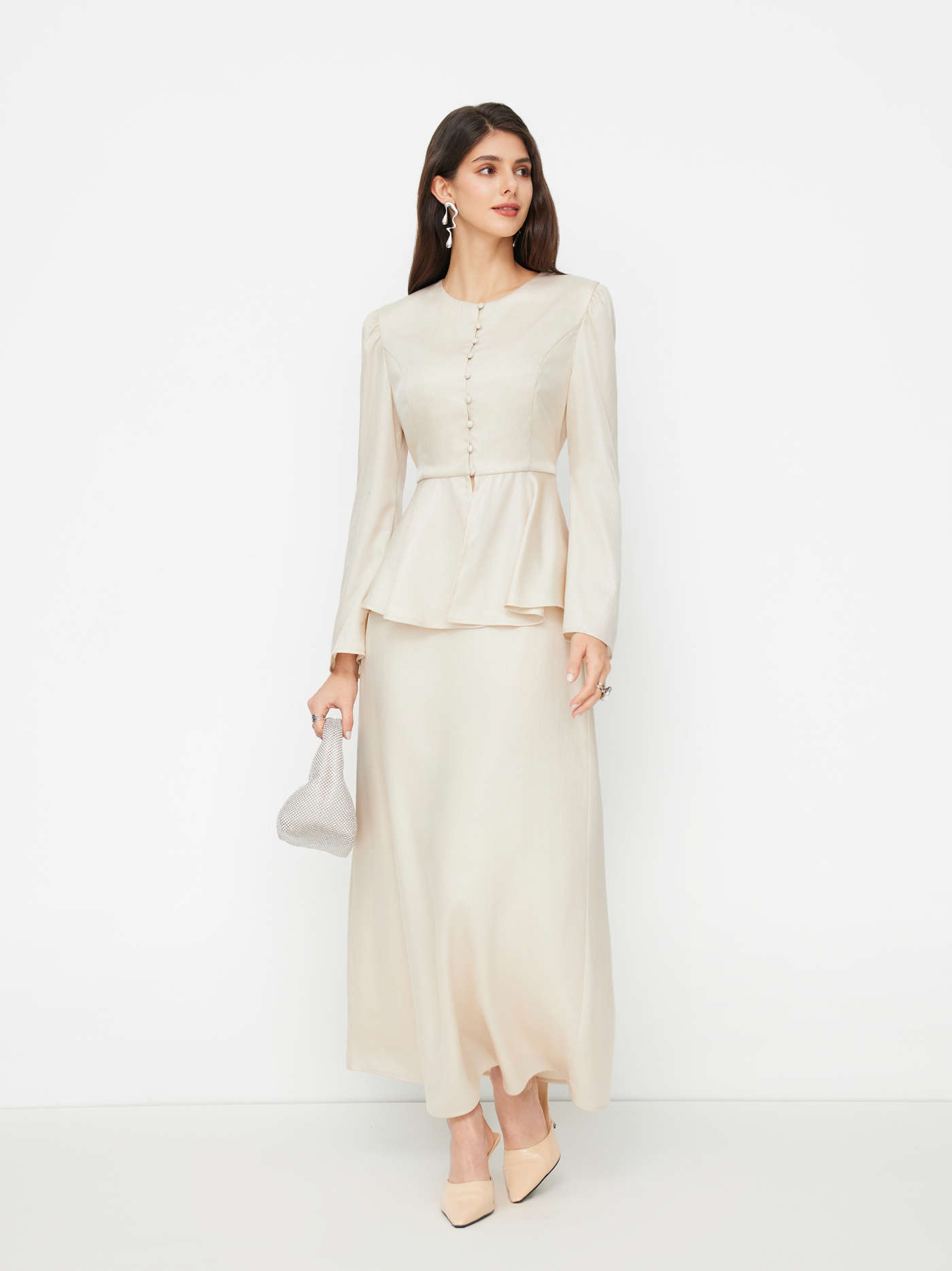 Round Neckline Tie Back Peplum Top & Mid Rise Maxi Skirt Set