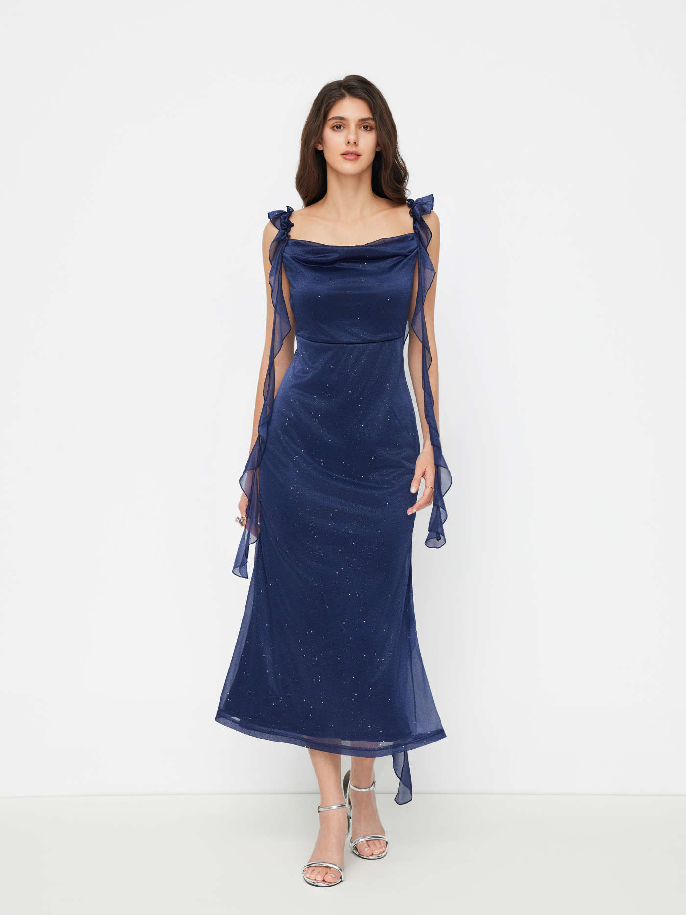 Formele jurken Homecoming Jurk Hoco Jurken Gebreide stof Cowl Neck Solid Glitter Ruffle Hem Maxi Dress For Feestje/Clubben