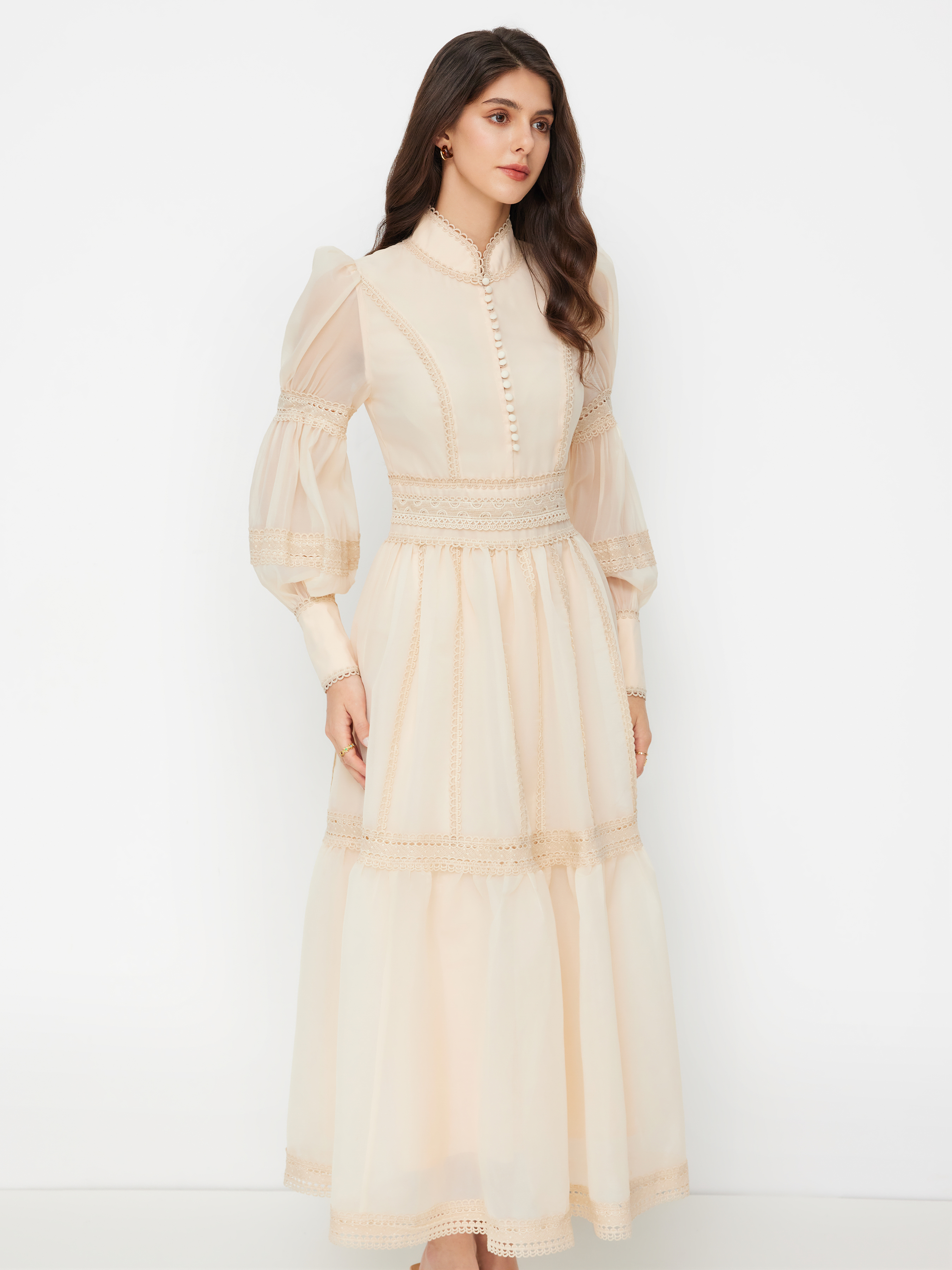 Chiffon High Neck Contrasting Lace Cinched Waist A-line Maxi Dress