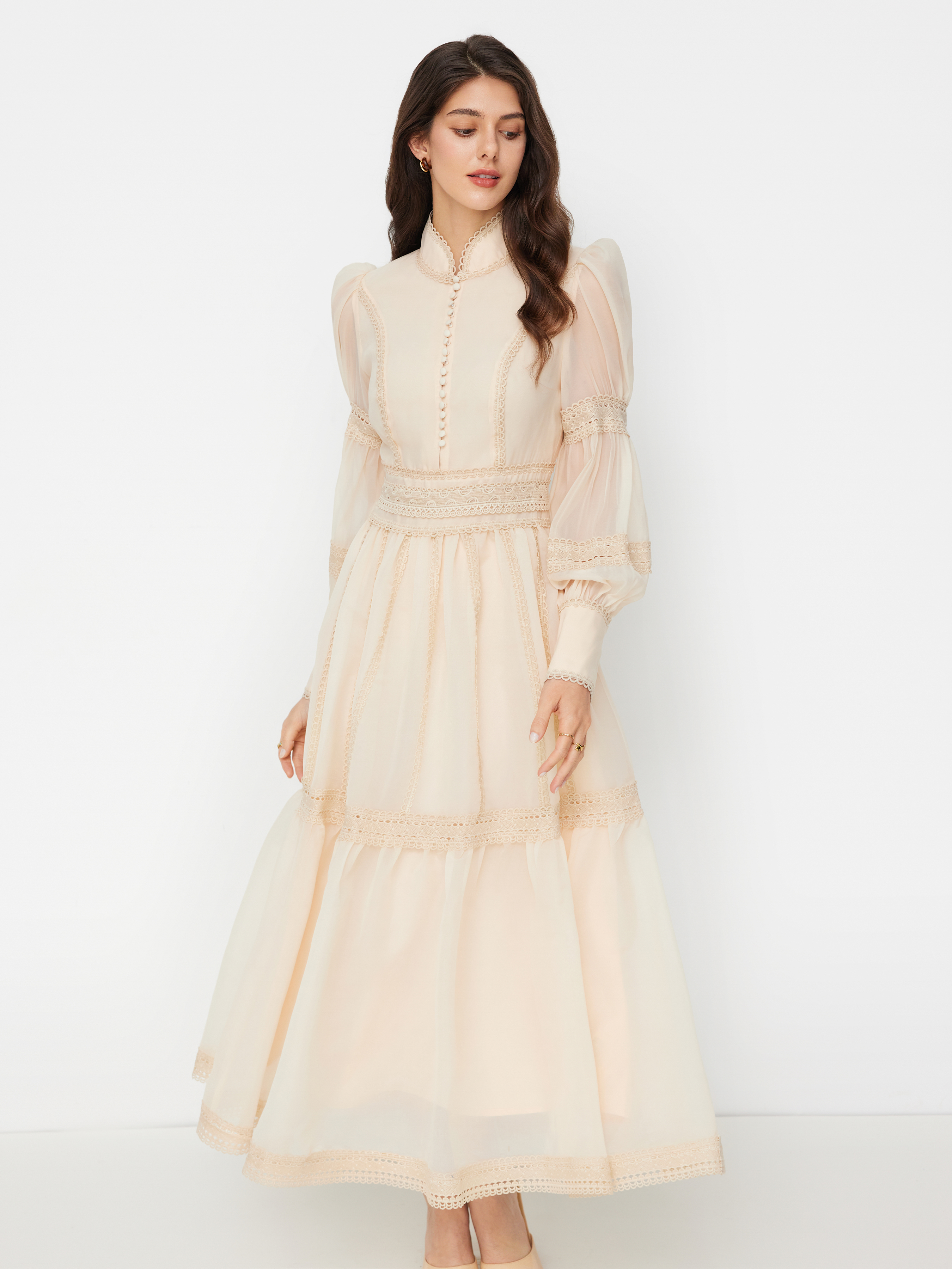 Chiffon High Neck Contrasting Lace Cinched Waist A-line Maxi Dress