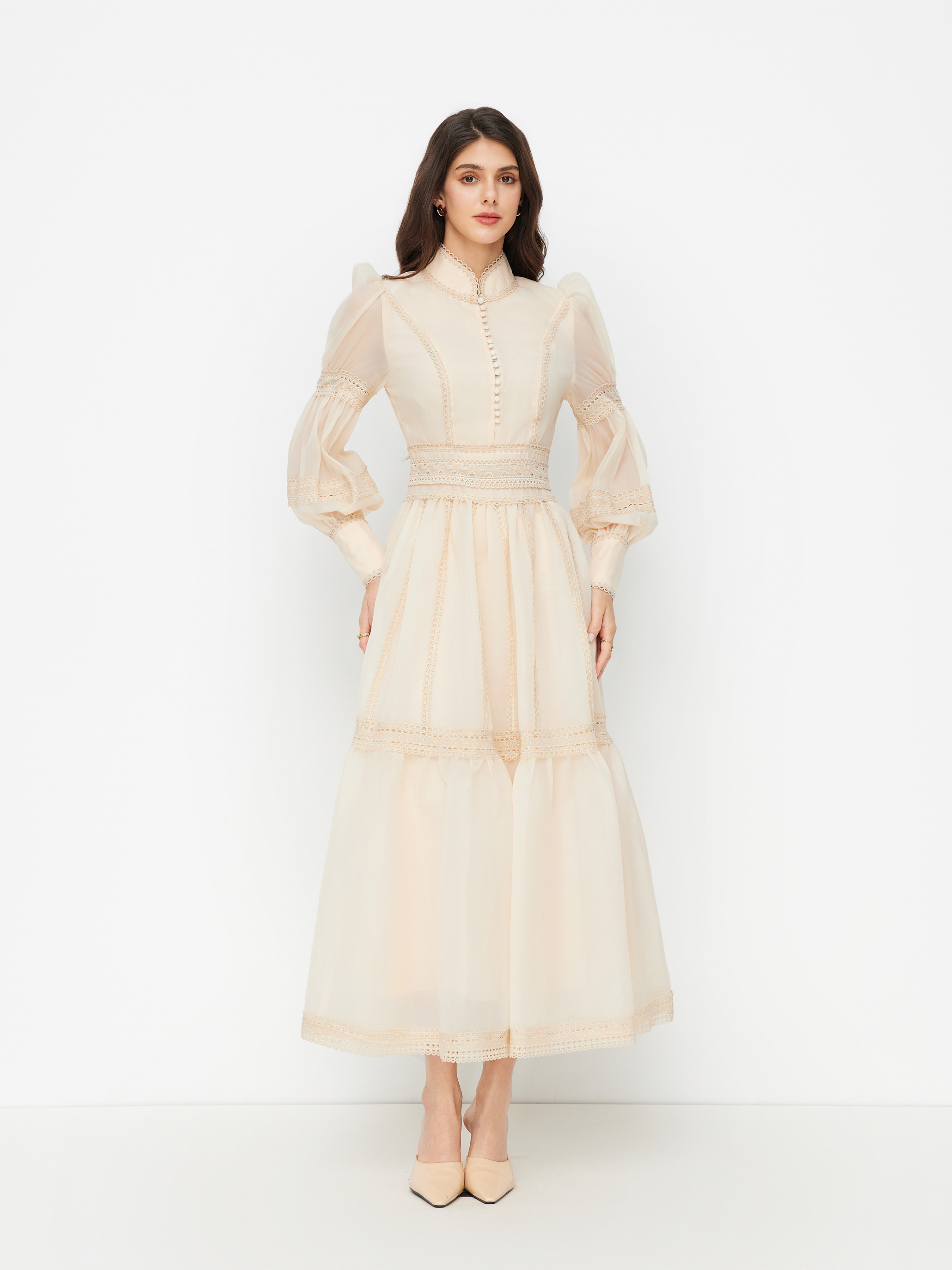 Chiffon High Neck Contrasting Lace Cinched Waist A-line Maxi Dress