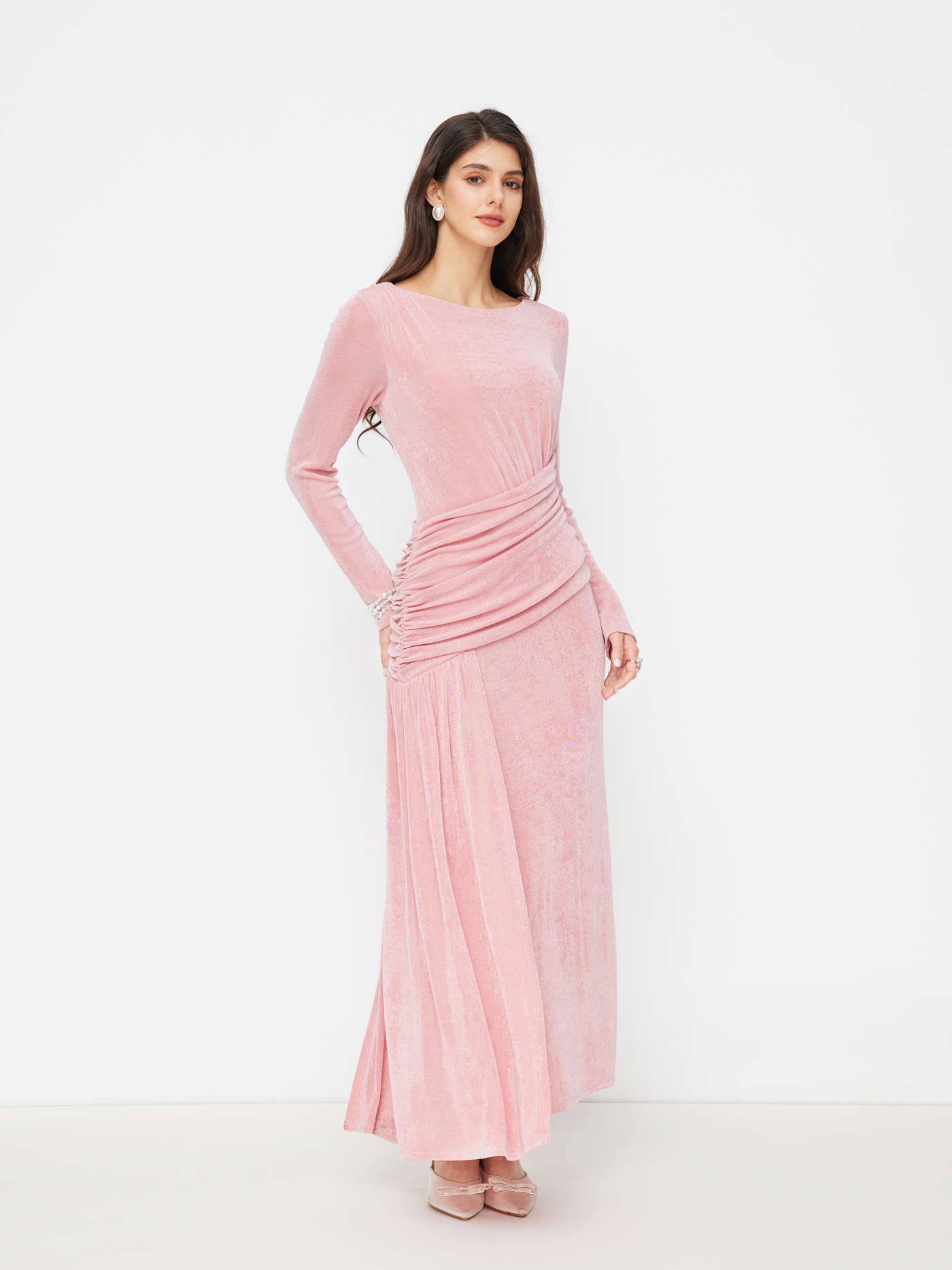 Round Neckline Solid Ruched Maxi Dress
