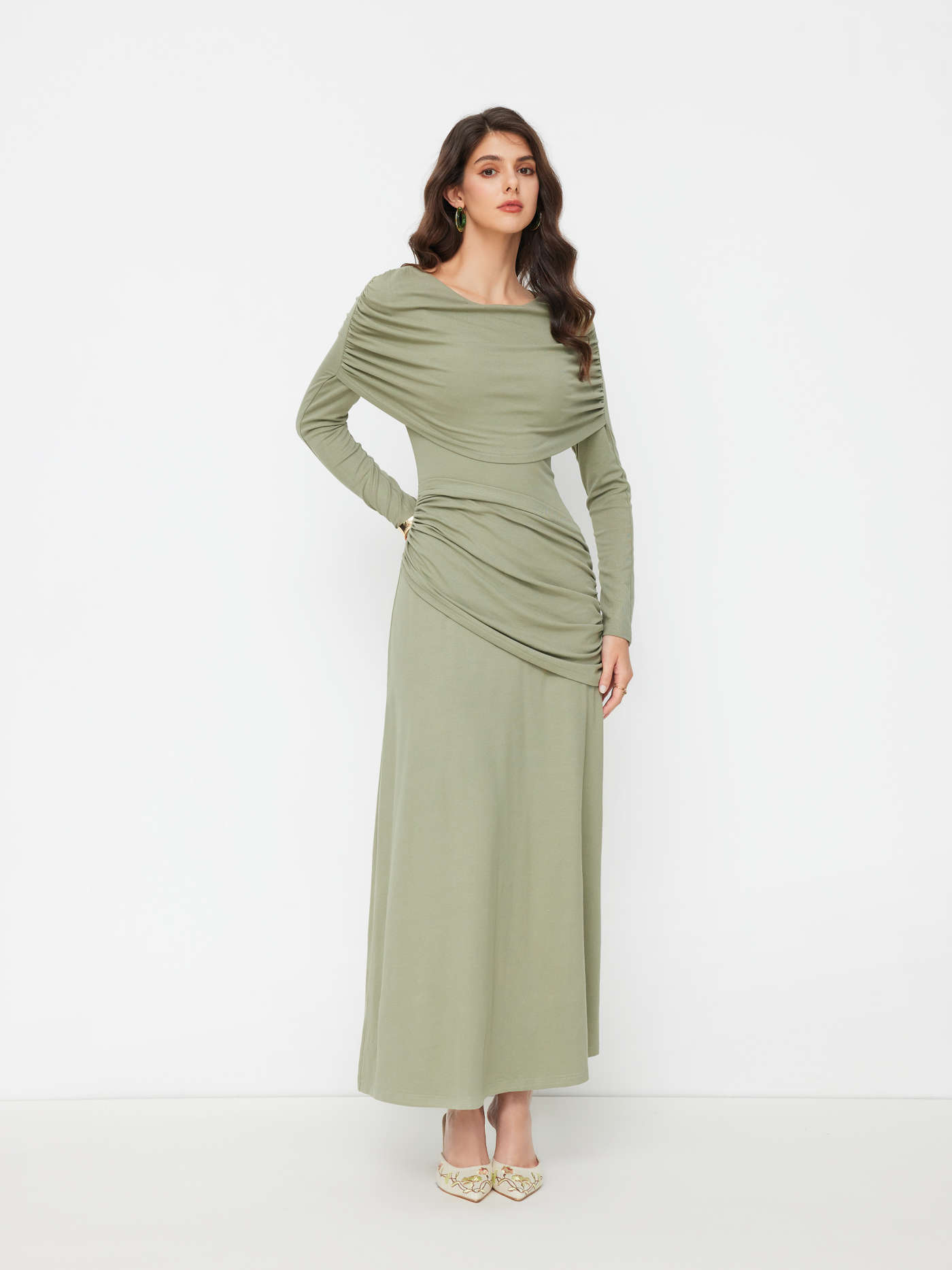 Boat Neck Long Sleeve Ruched Maxi Dress