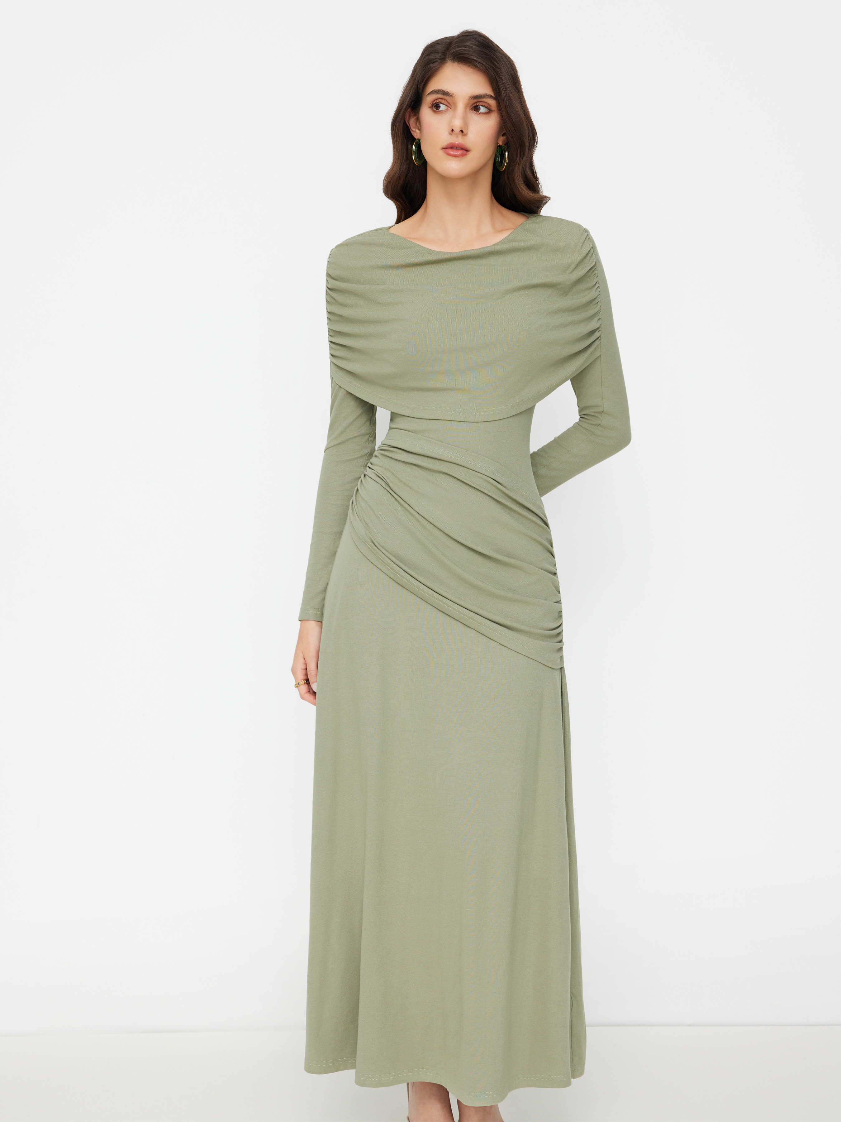 Boat Neck Long Sleeve Ruched Maxi Dress