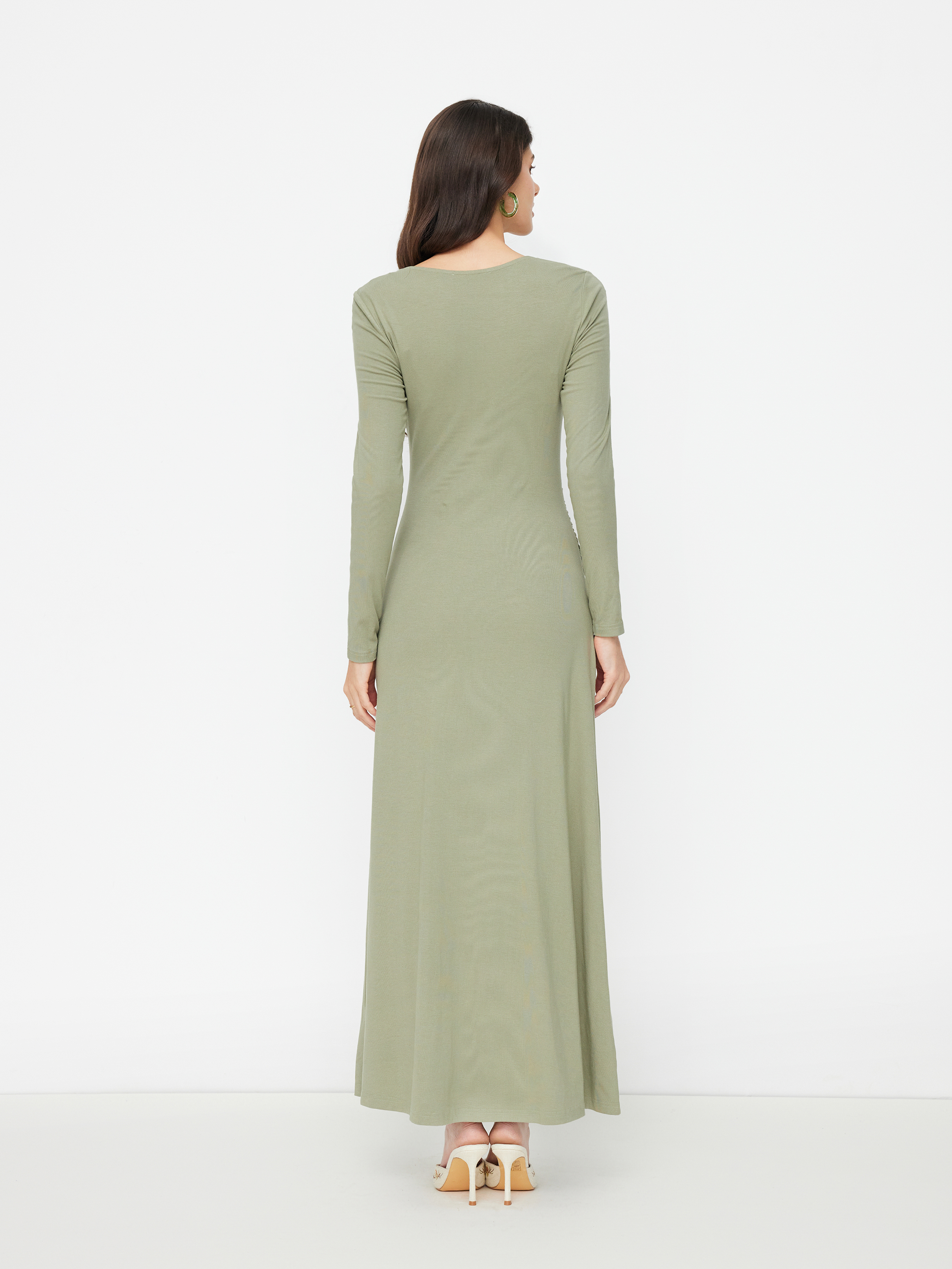 Boat Neck Long Sleeve Ruched Maxi Dress