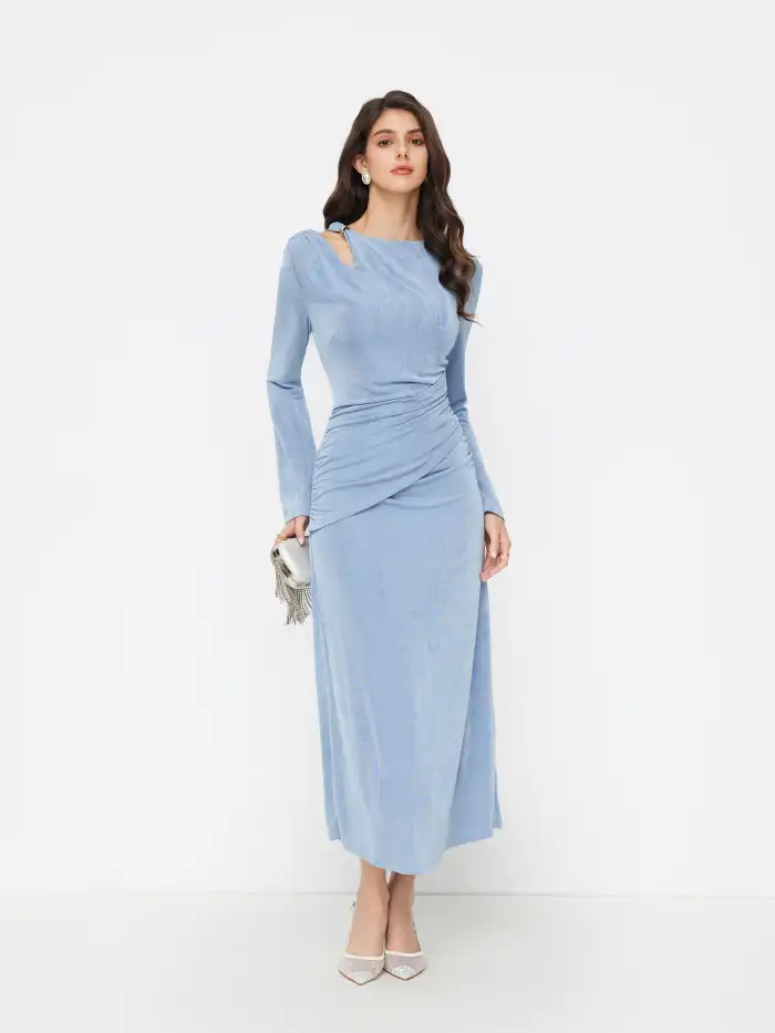 Boat Neck Long Sleeve Ruched Maxi Dress