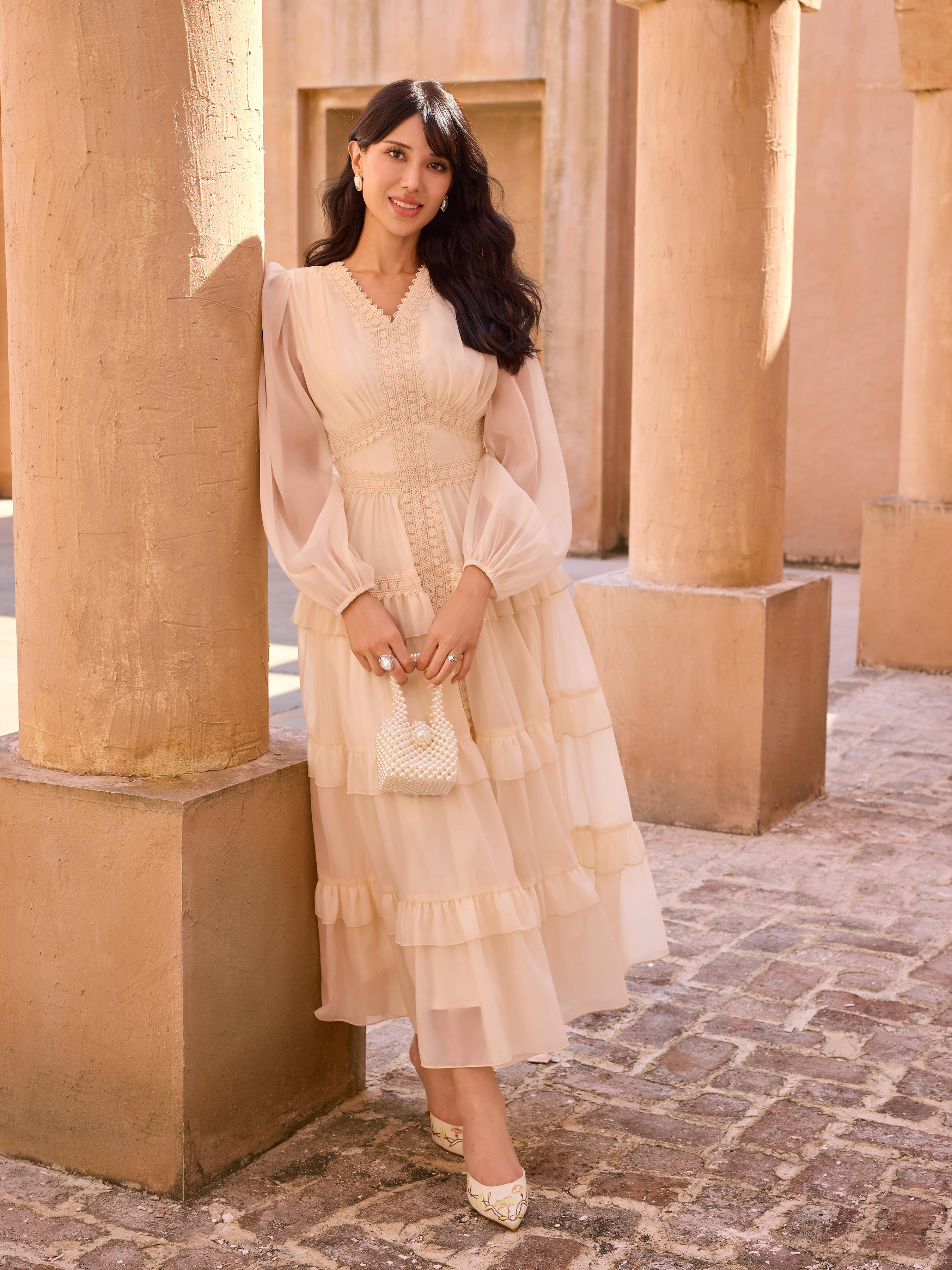 V-neck Lace Trim Tiered Ruffle Maxi Dress