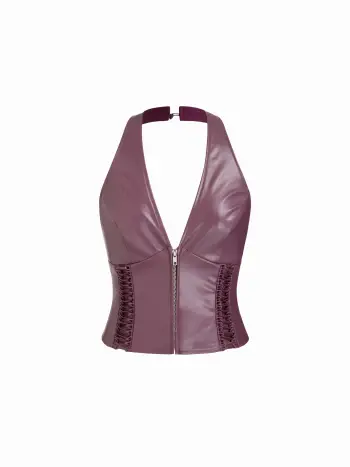 Top in ecopelle con scollo all'americana, zip e schiena scoperta