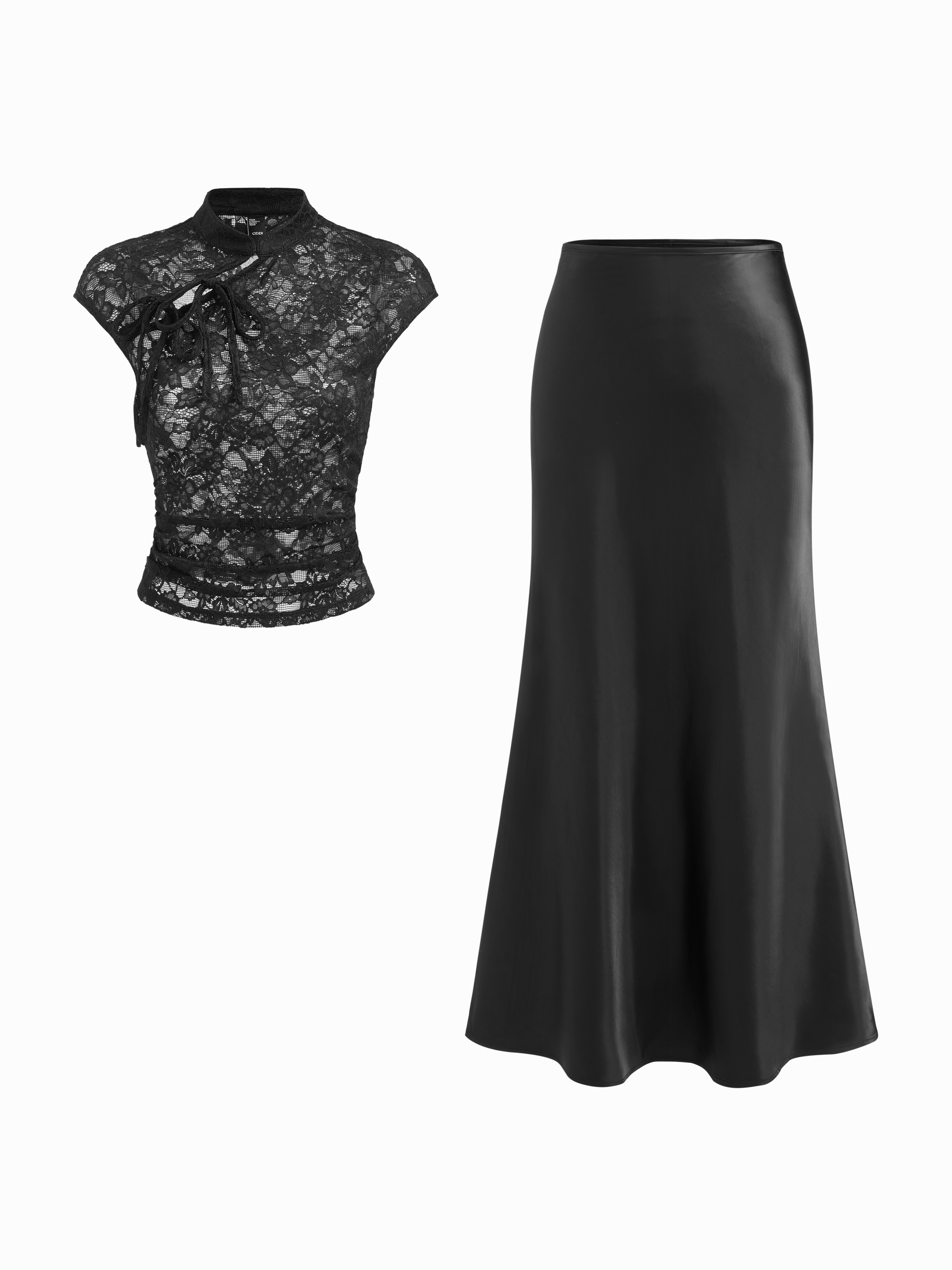 Lace Mandarin Collar Knotted Ruched See-through Cropped Top & Mid Rise Maxi Skirt Set