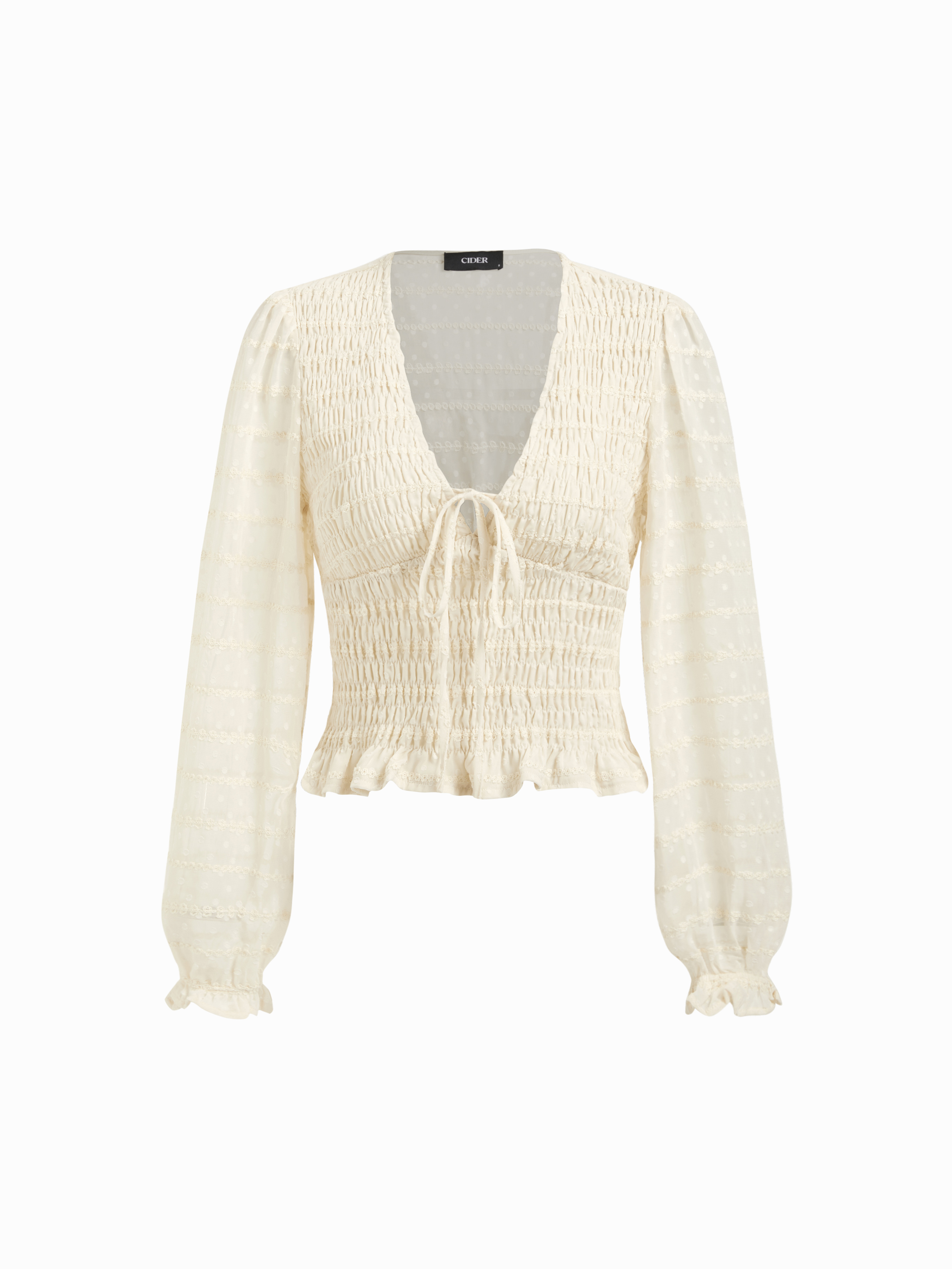 Chemise en dentelle à col V, froncée et avec nœud à l'avant, manches lanternes