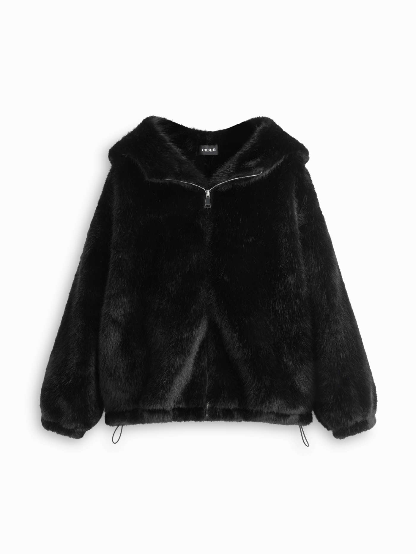 Faux Fur Hooded Long Sleeve Zip Through Drawstring Oversized Jacket