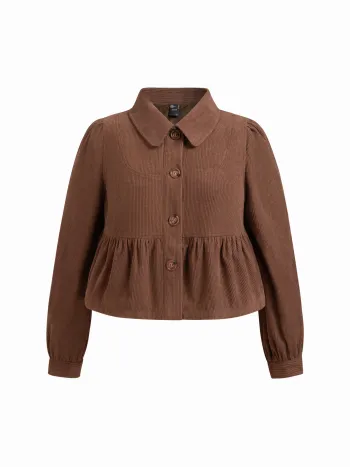 Corduroy Collar Long Sleeve Button Peplum Jacket Curve & Plus