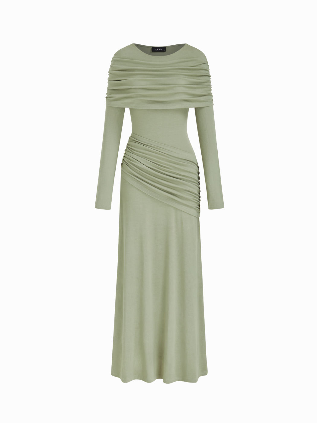 Boat Neck Long Sleeve Ruched Maxi Dress