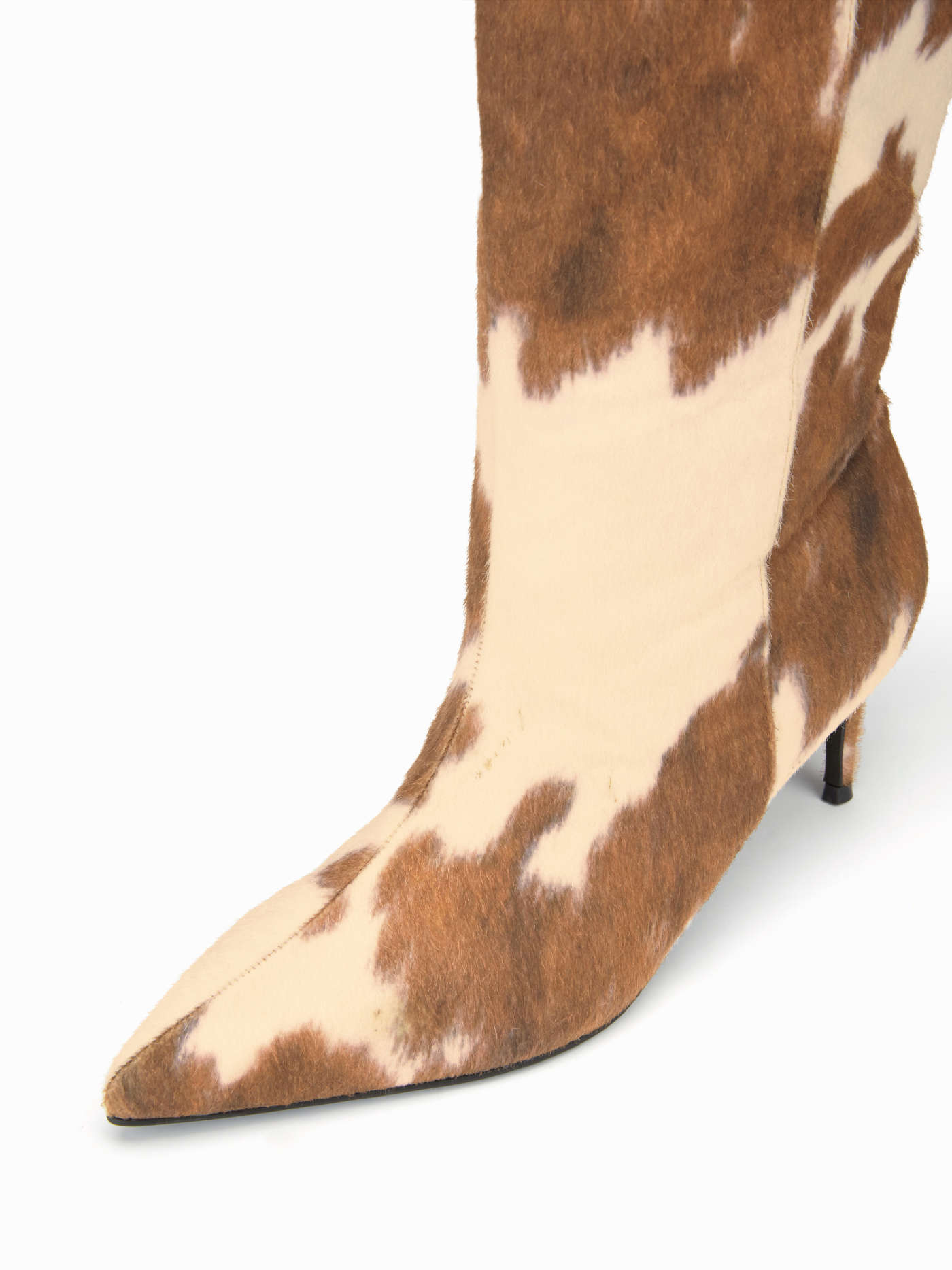 POINTED TOE COWHIDE PRINT KNEE HIGH BOOTS