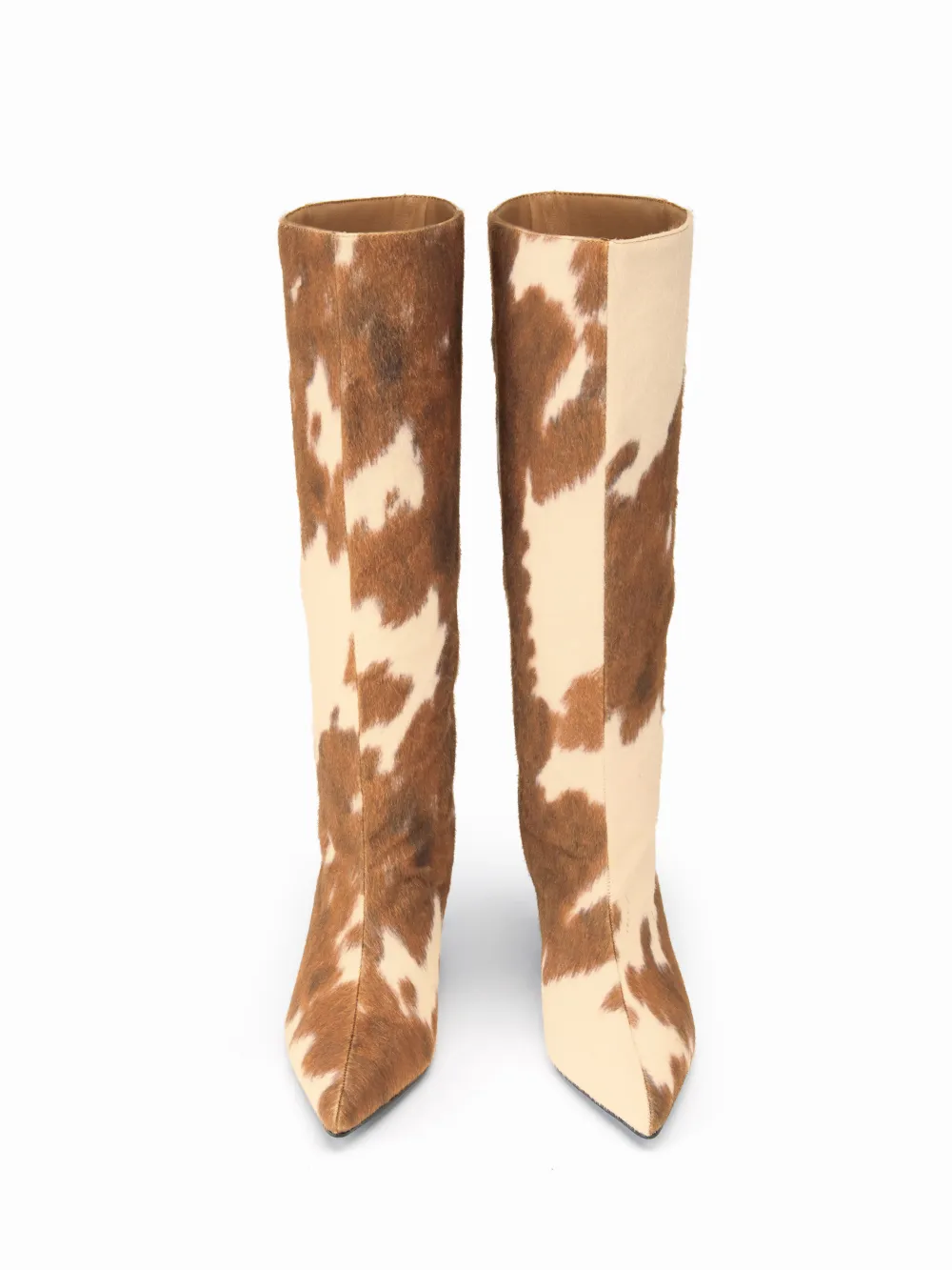 POINTED TOE COWHIDE PRINT KNEE HIGH BOOTS