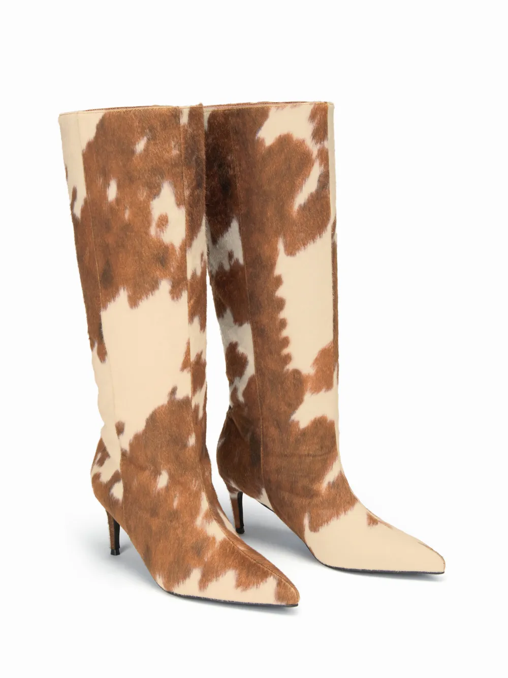POINTED TOE COWHIDE PRINT KNEE HIGH BOOTS