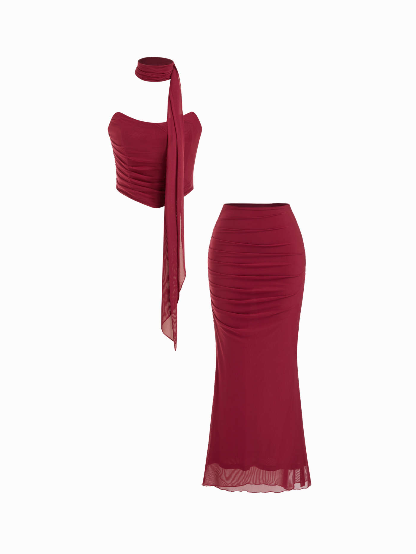 Mesh Halter Neckline Crop Bandeau Top & High Rise Ruched Mermaid Maxi Skirt Set