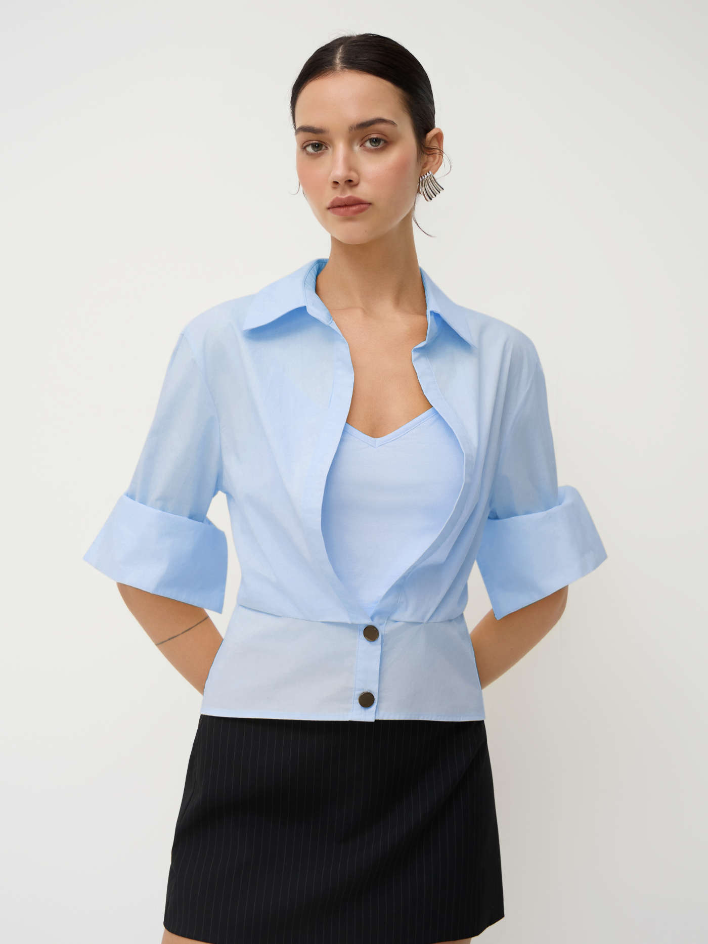 Woven Cotton Collar Mid-length Sleeve Shirt  with Cami Top For Daily Casual Work